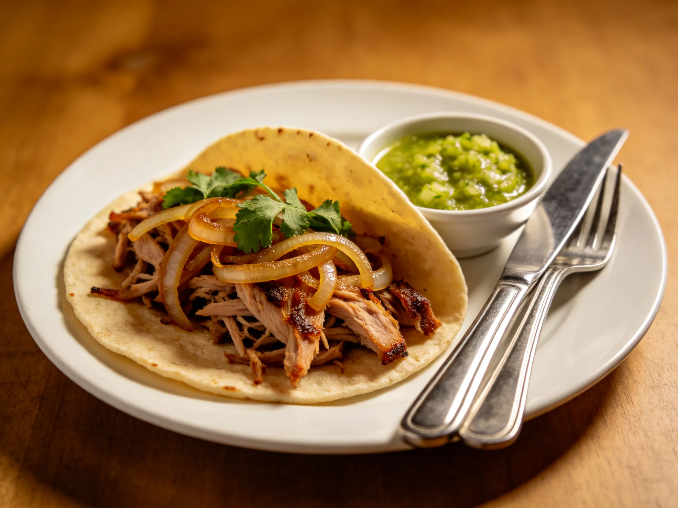 A taco loaded with shredded pork, caramelized onions, and cilantro beside green salsa