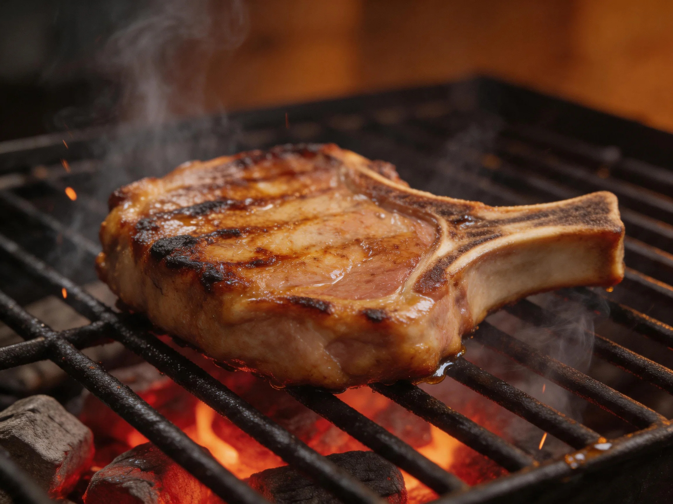 A thick browned pork chop grills over glowing charcoal embers