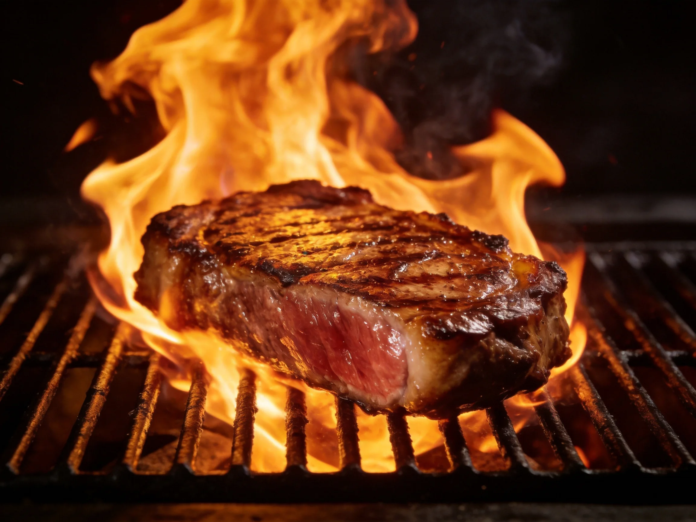 A thick-cut grilled steak cooking over vibrant orange flames
