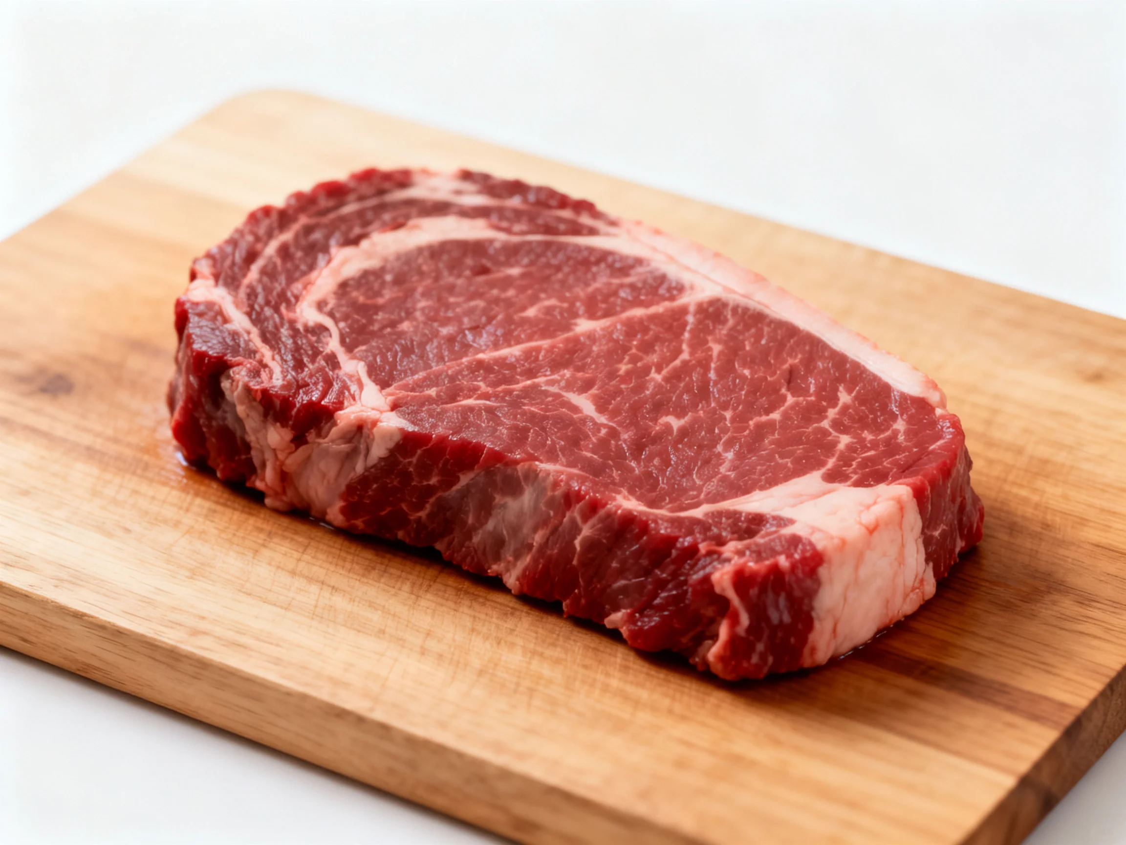 A thick cut of marbled red beef on a light brown wooden cutting board