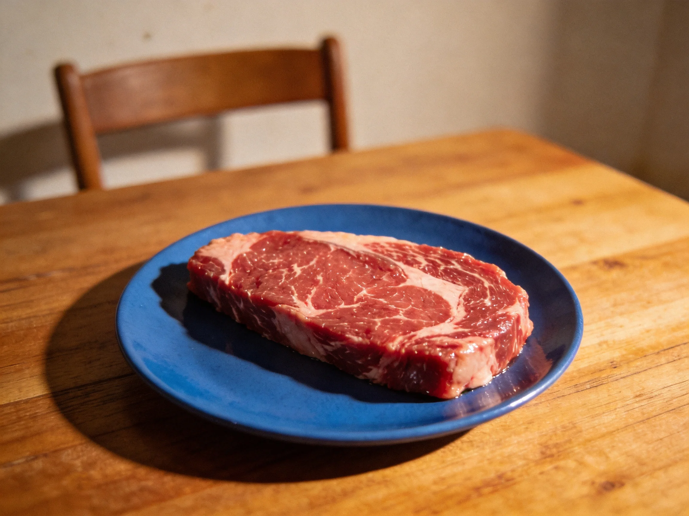 A thick cut of marbled red steak on a deep blue plate
