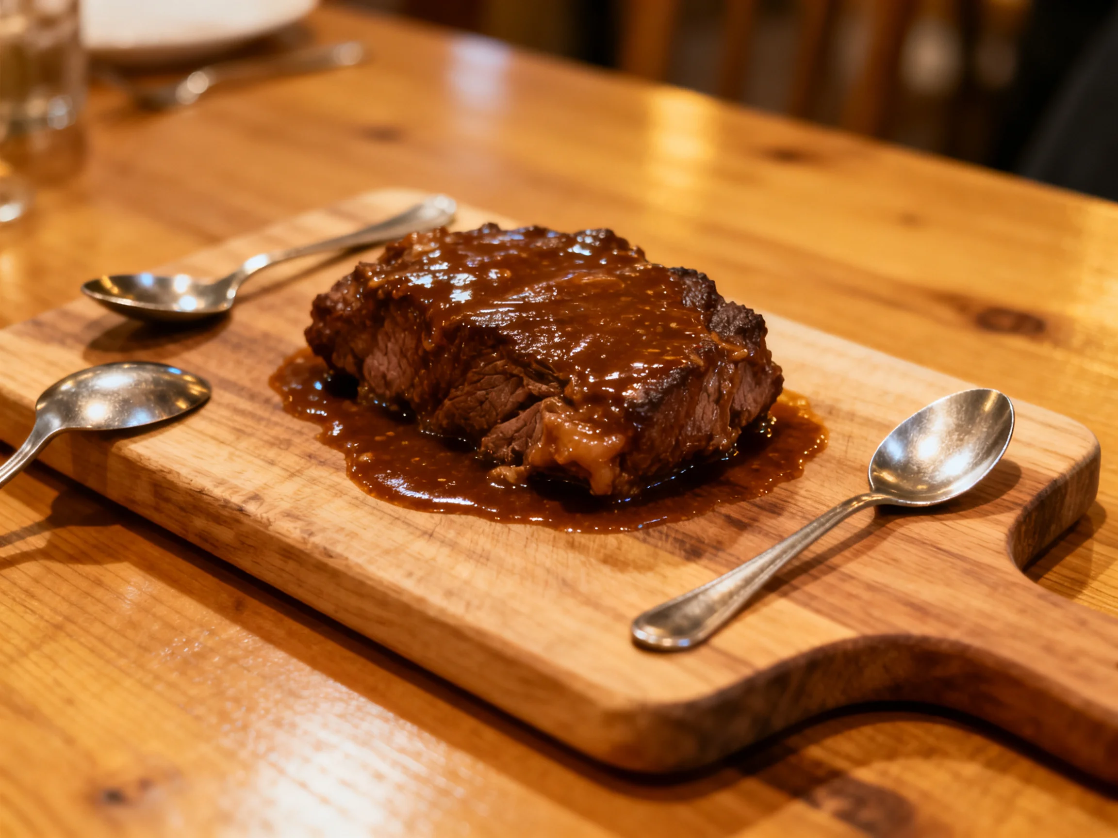 A thick-cut steak with glossy brown sauce on a wooden cutting board