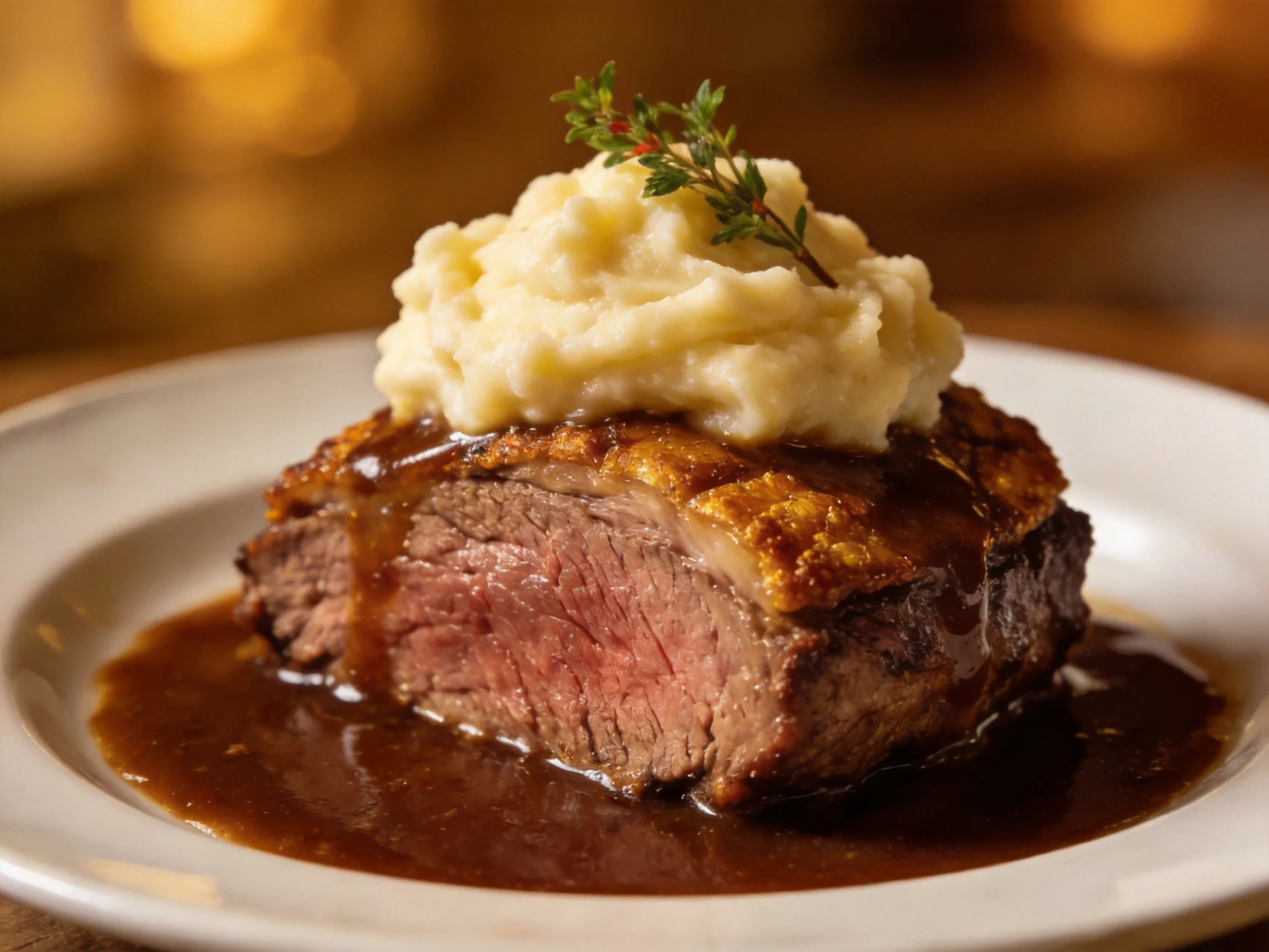 A thick-cut steak with mashed potatoes and brown gravy on a white plate