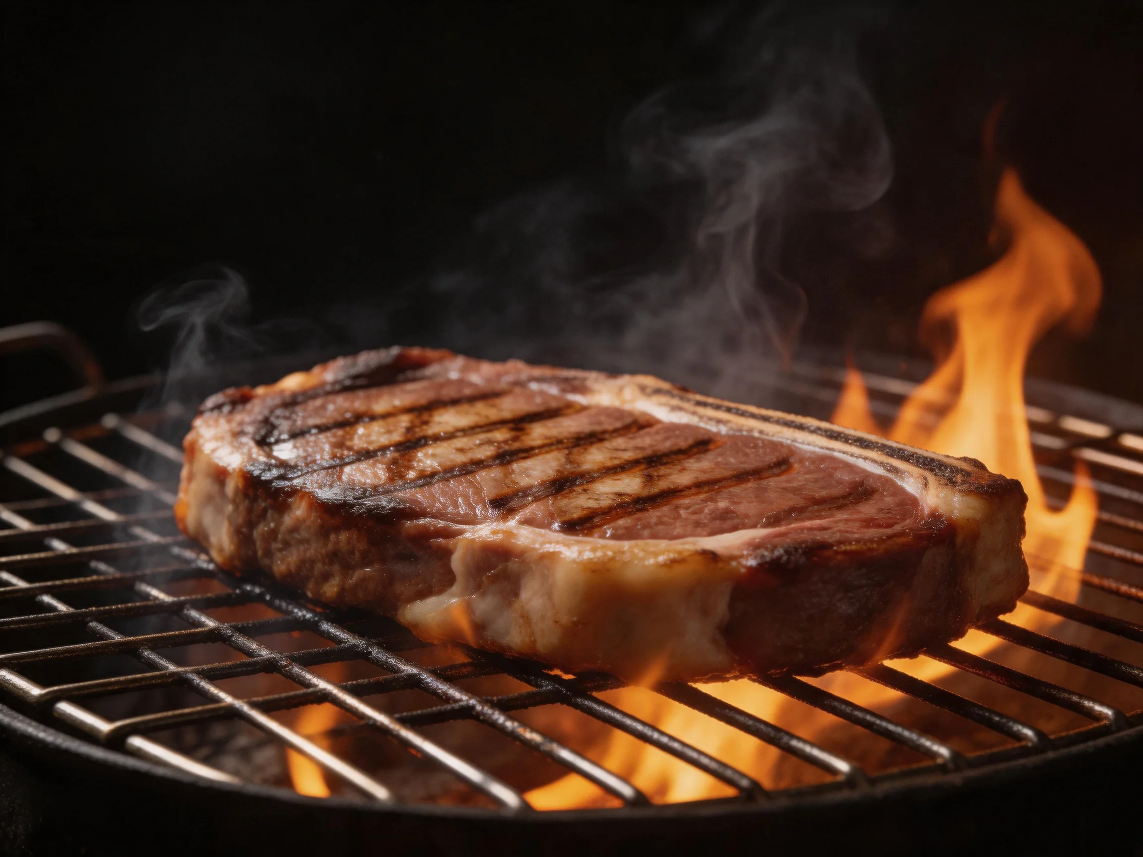 A thick grilled steak cooking over bright orange flames