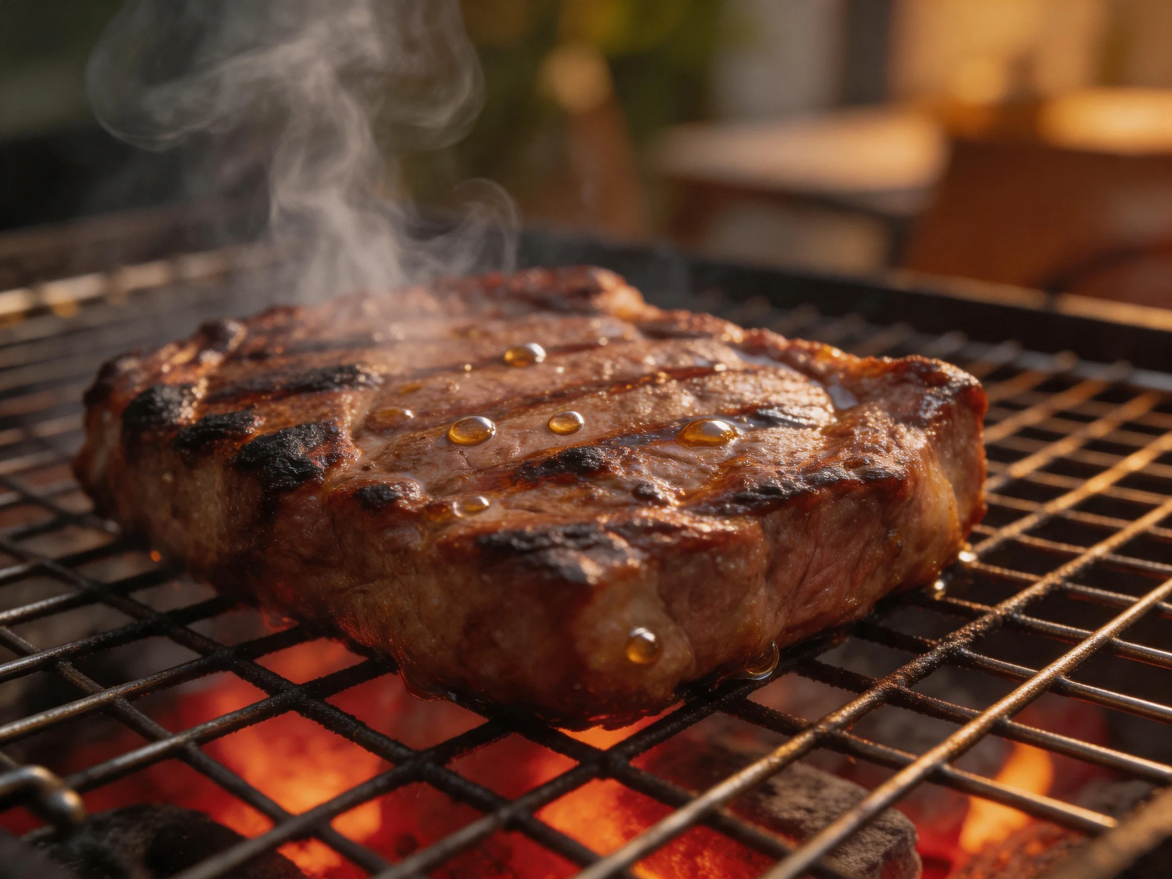 A thick grilled steak cooks over glowing embers