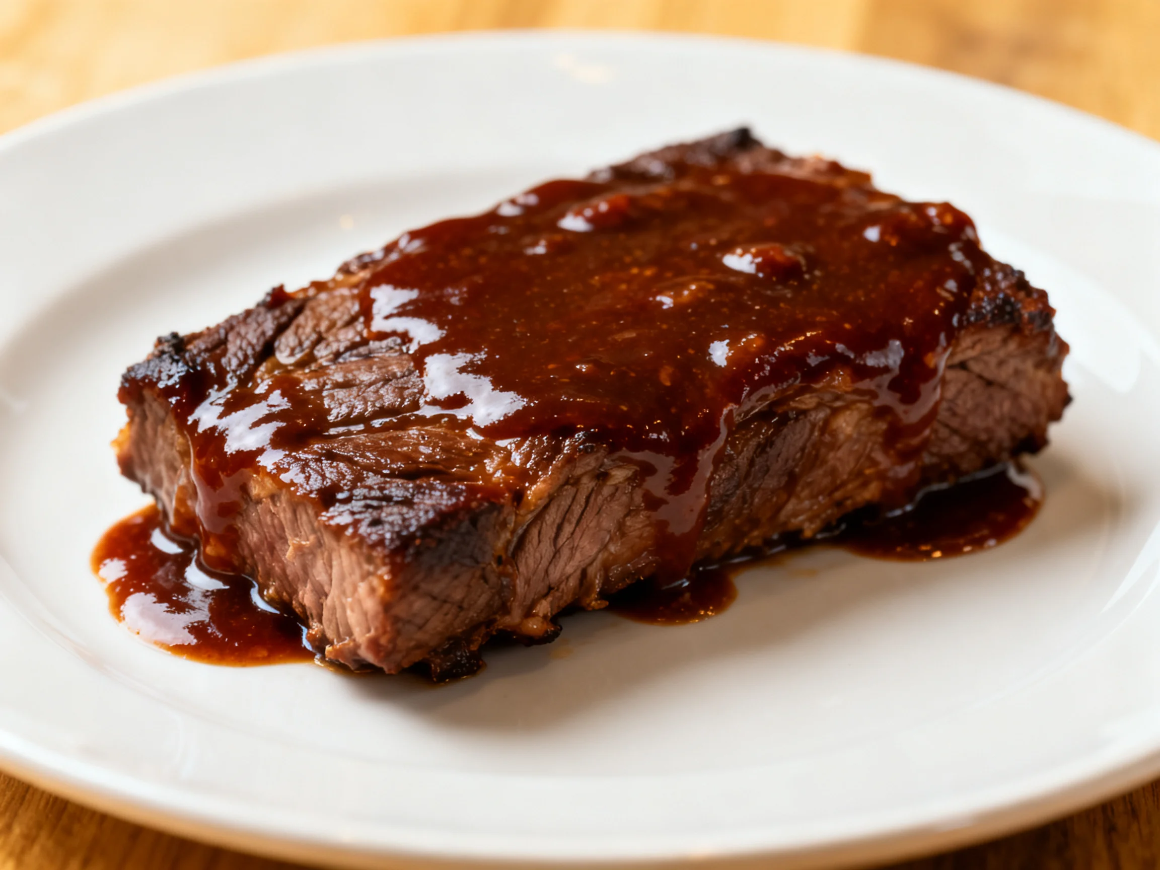 A thick grilled steak covered in rich brown sauce on a white plate