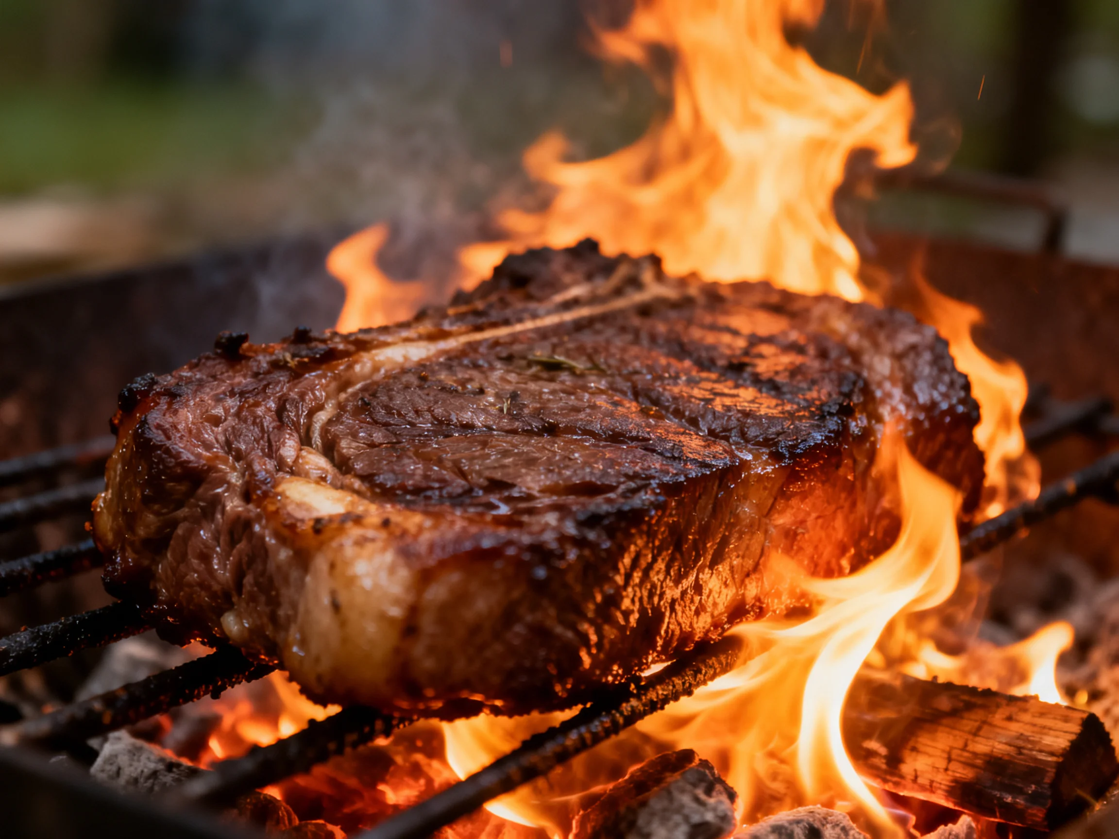A thick, juicy steak cooks over bright orange flames on a charcoal grill