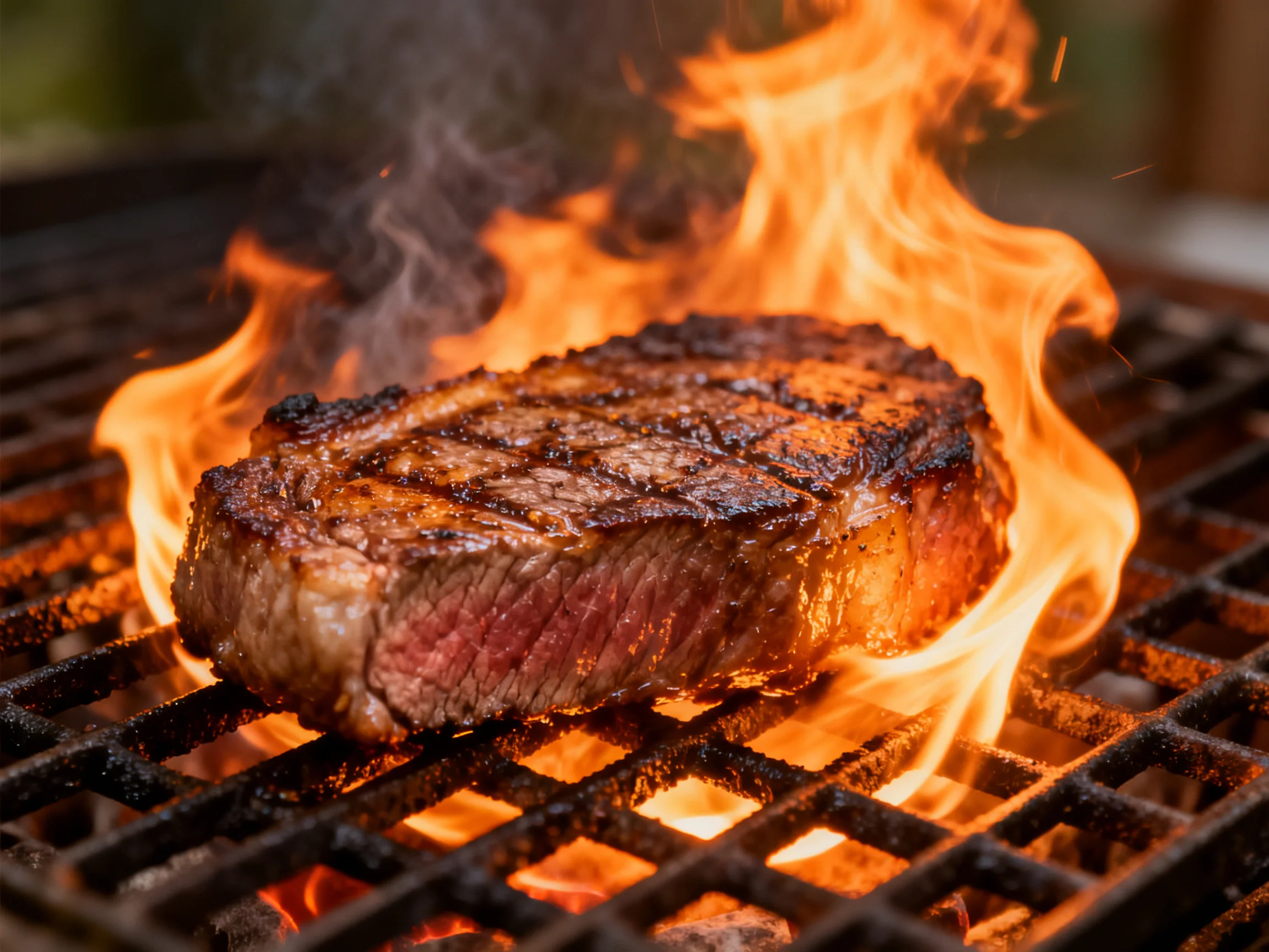 A thick, juicy steak grills over roaring flames on a metal grate