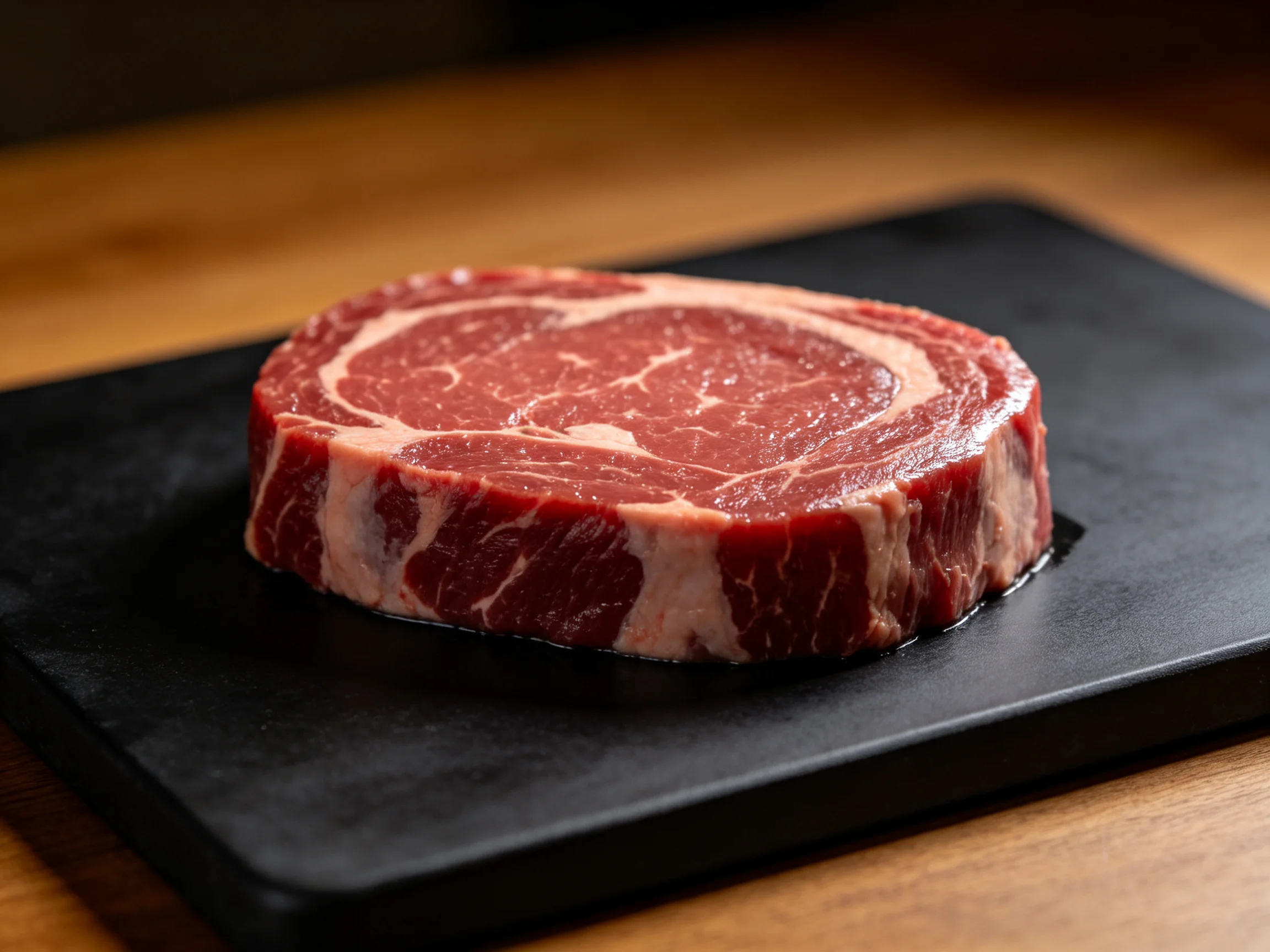 A thick marbled beef steak on a dark cutting board
