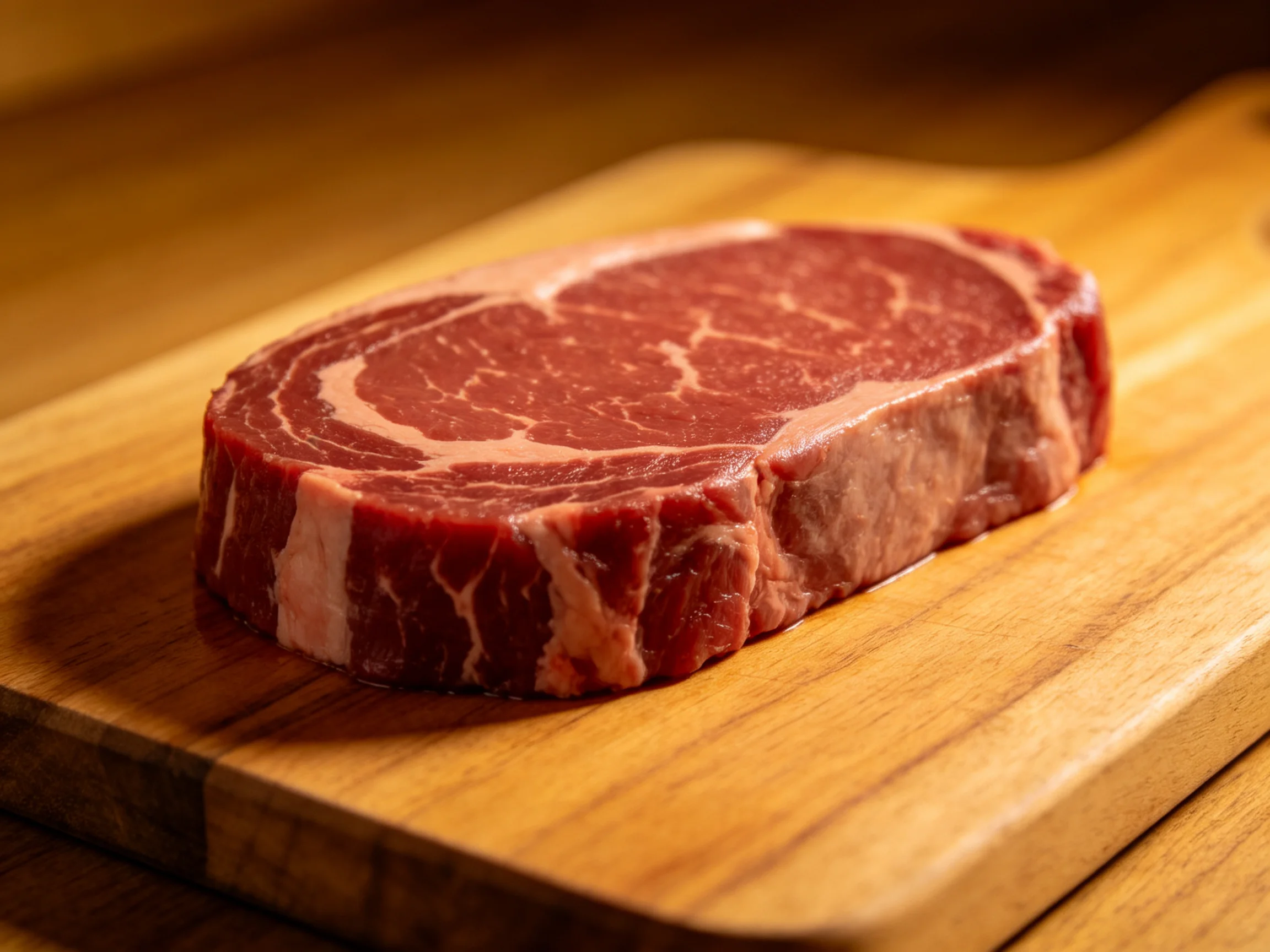 A thick marbled beef steak rests on a polished wooden cutting board