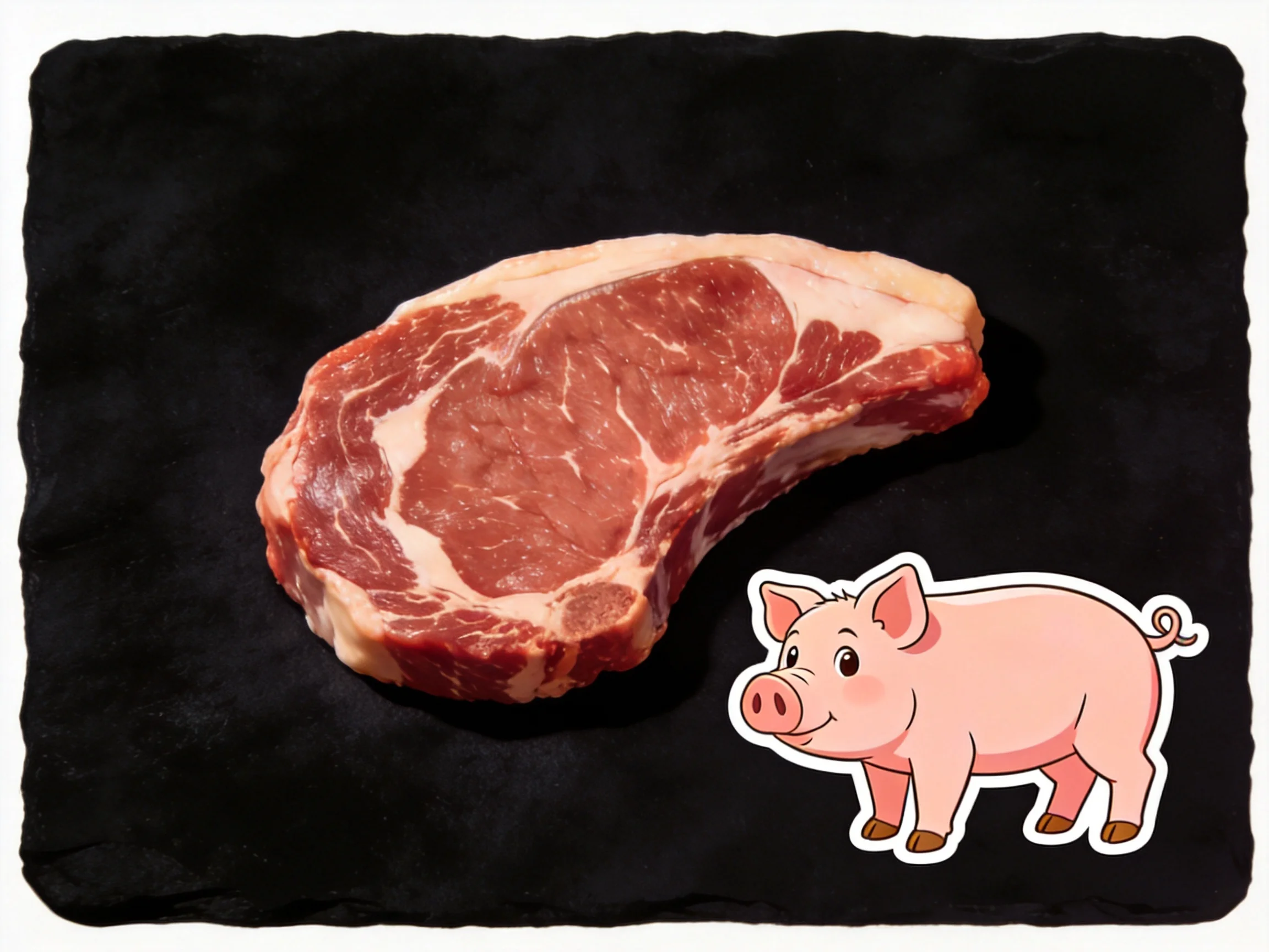 A thick marbled pork steak beside a pink cartoon pig illustration