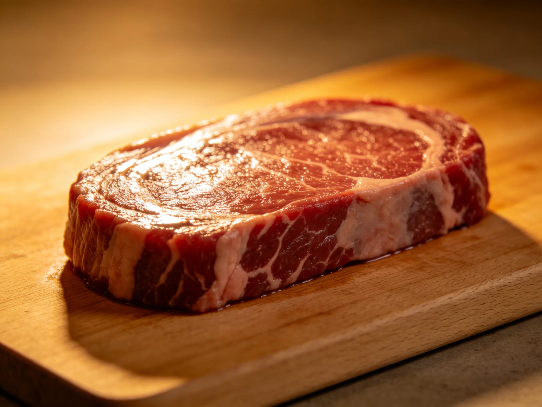 A thick, marbled raw steak rests on a polished wooden cutting board
