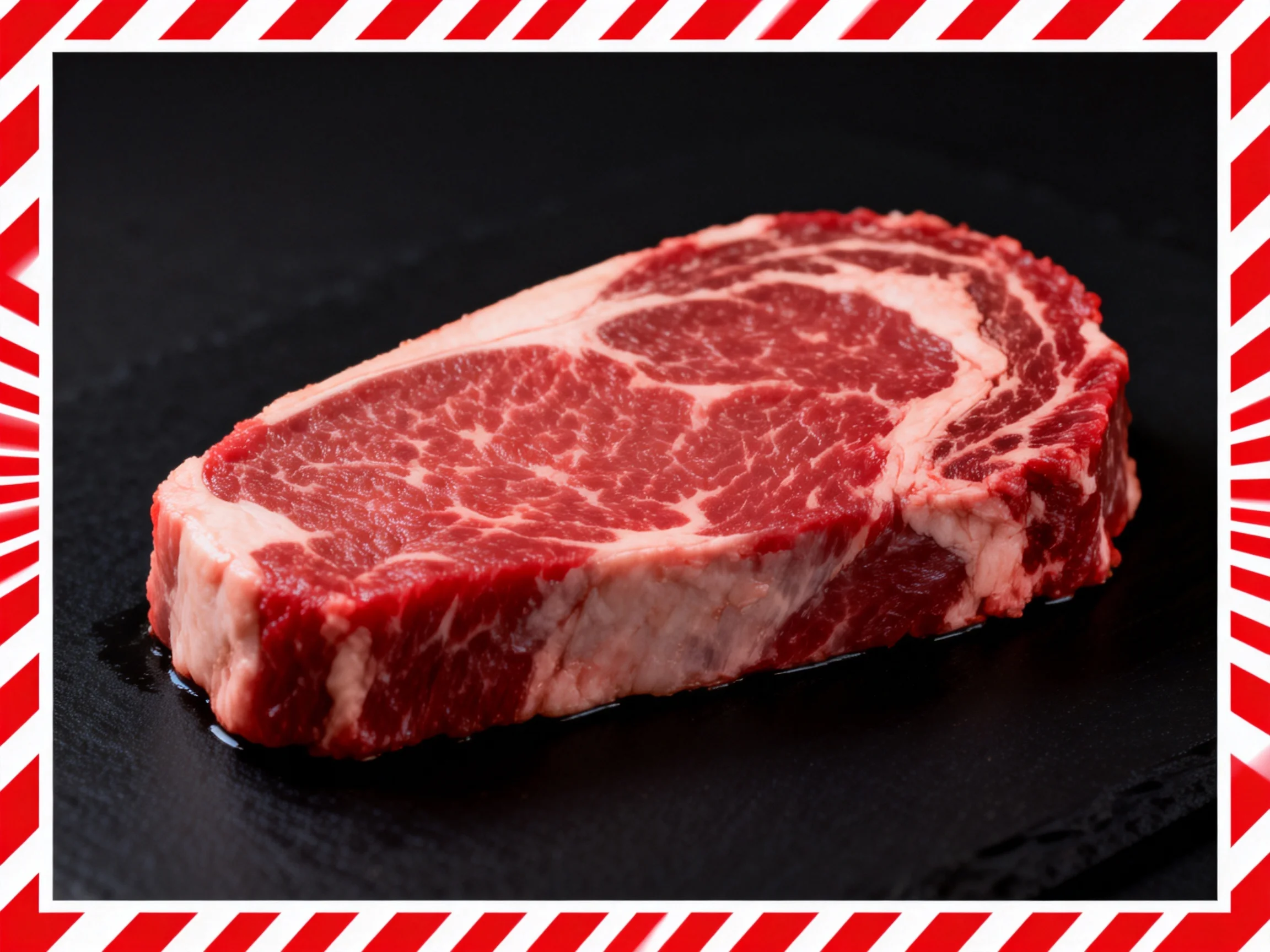 A thick marbled red beef steak displayed on a dark surface