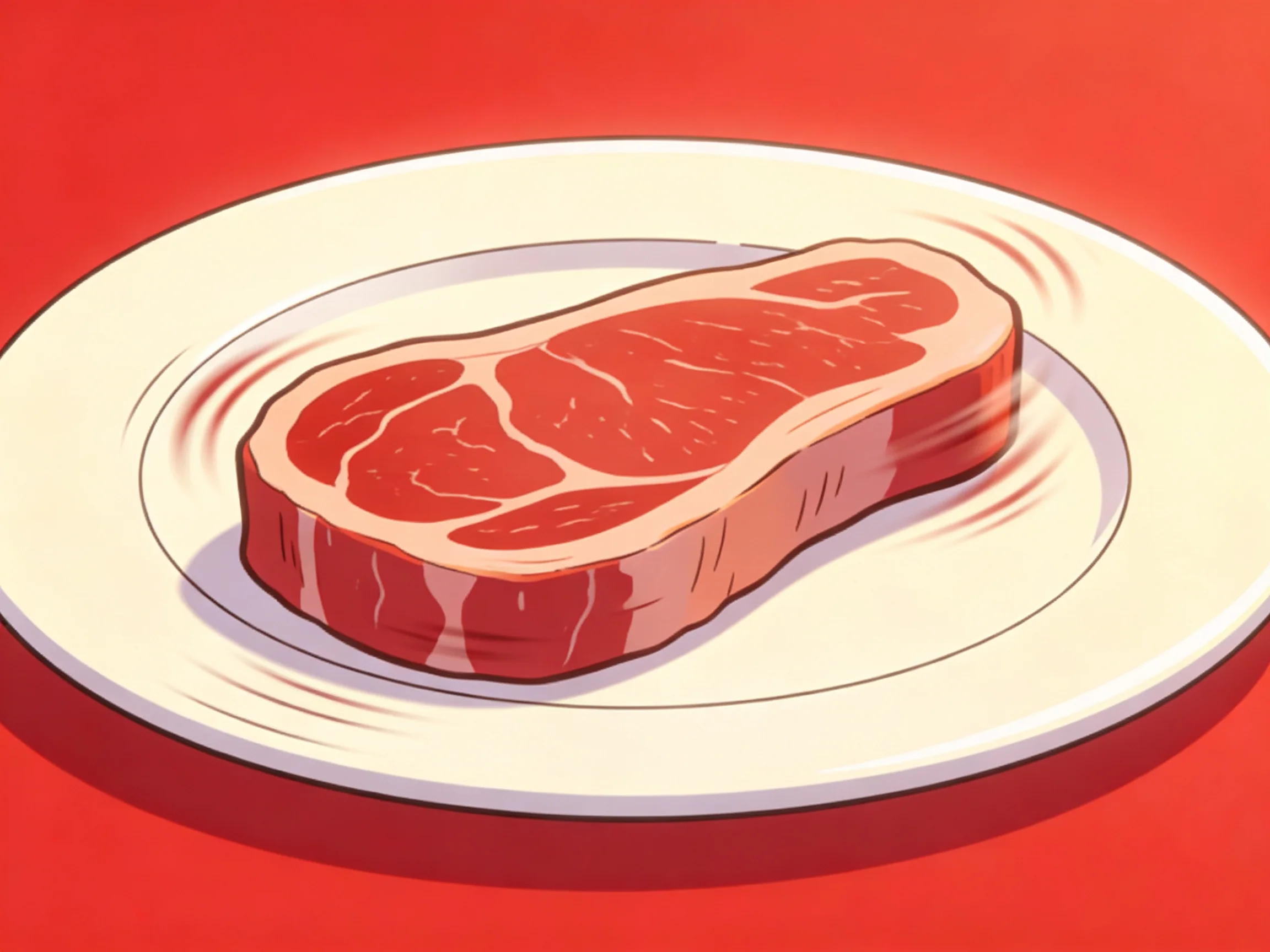A thick, marbled red steak slice on a plain white plate