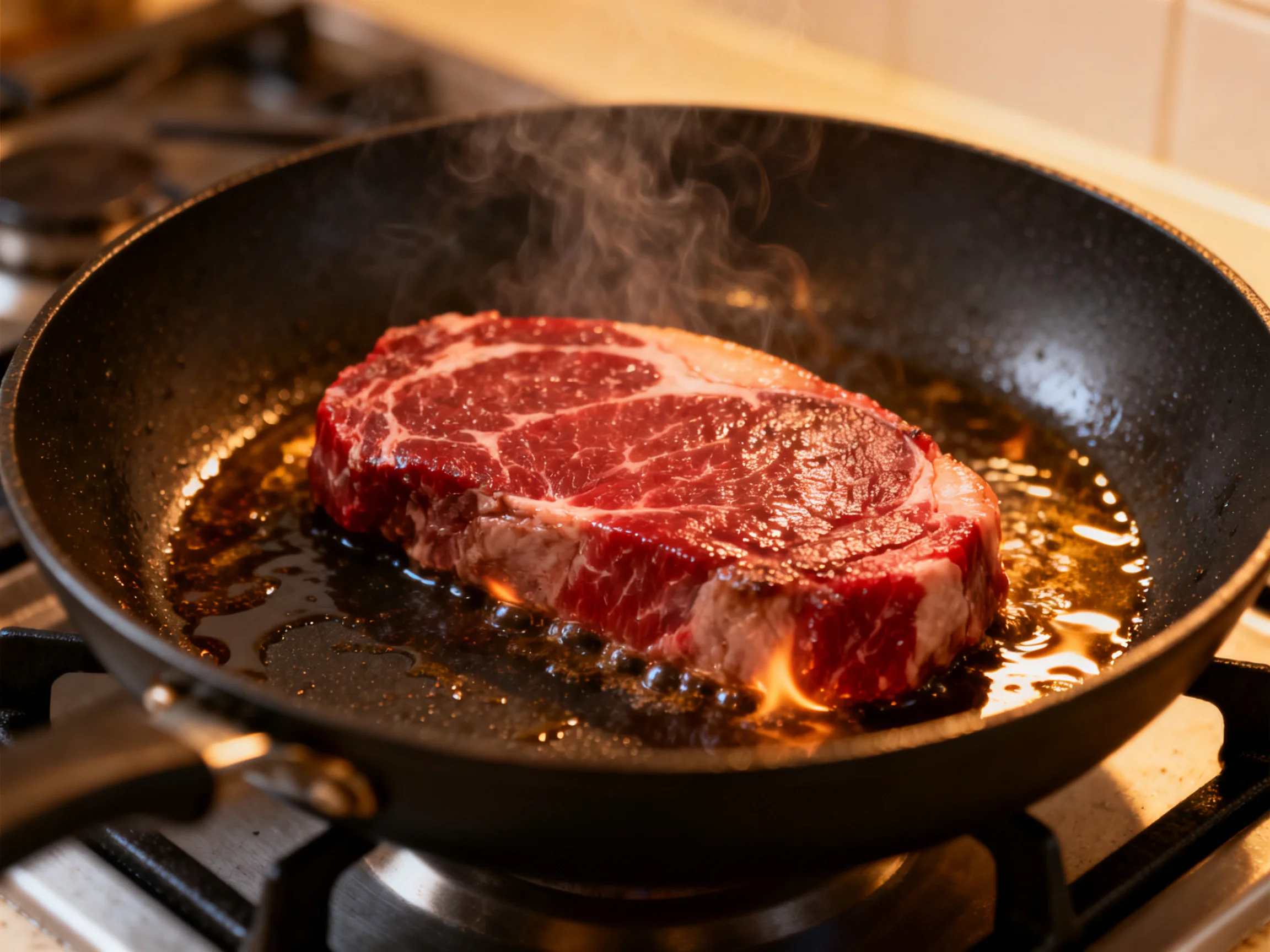 A thick marbled steak cooks in a black frying pan with bubbling oil