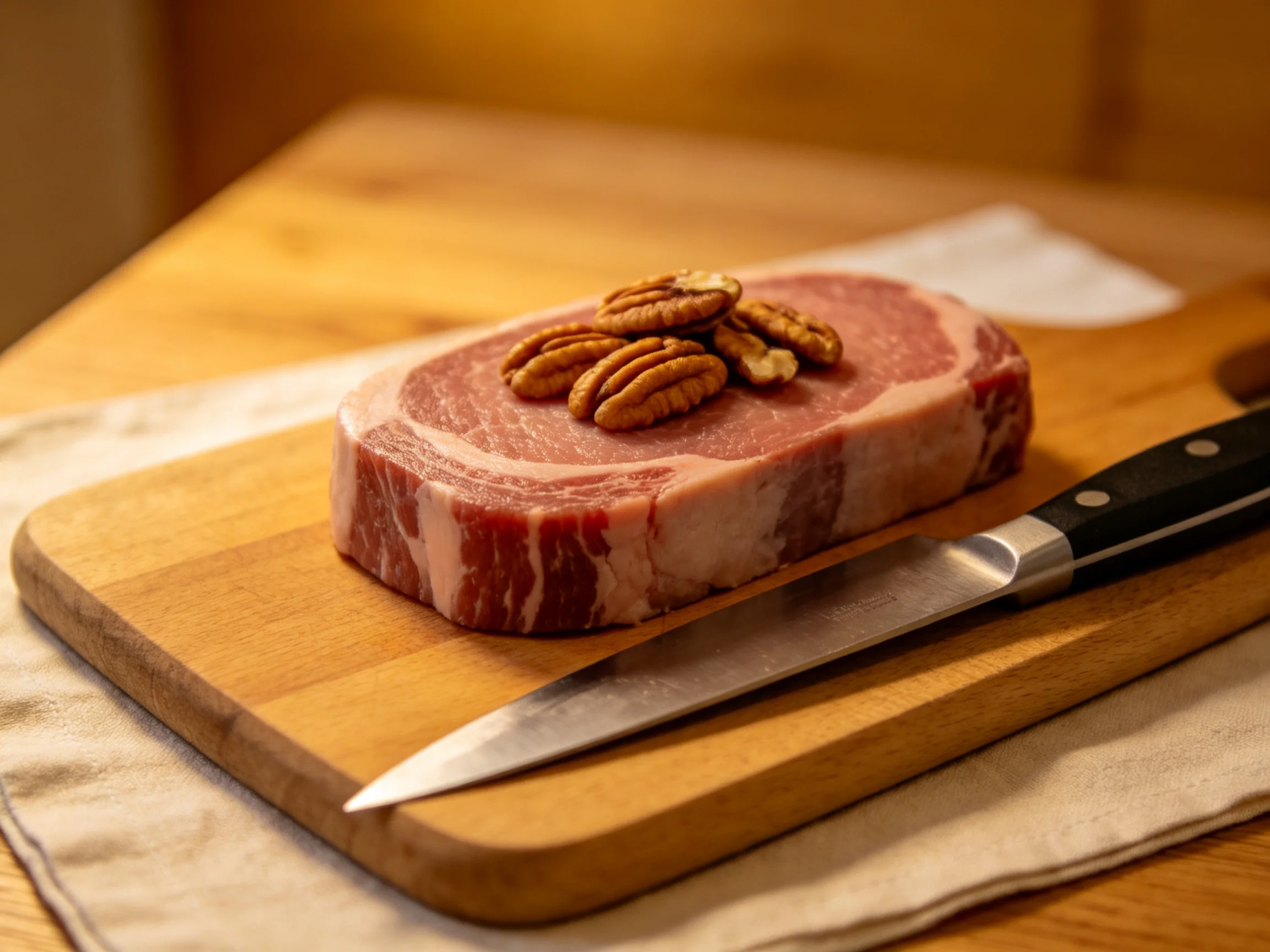 A thick pork chop topped with pecans rests on a wooden cutting board beside a knife.