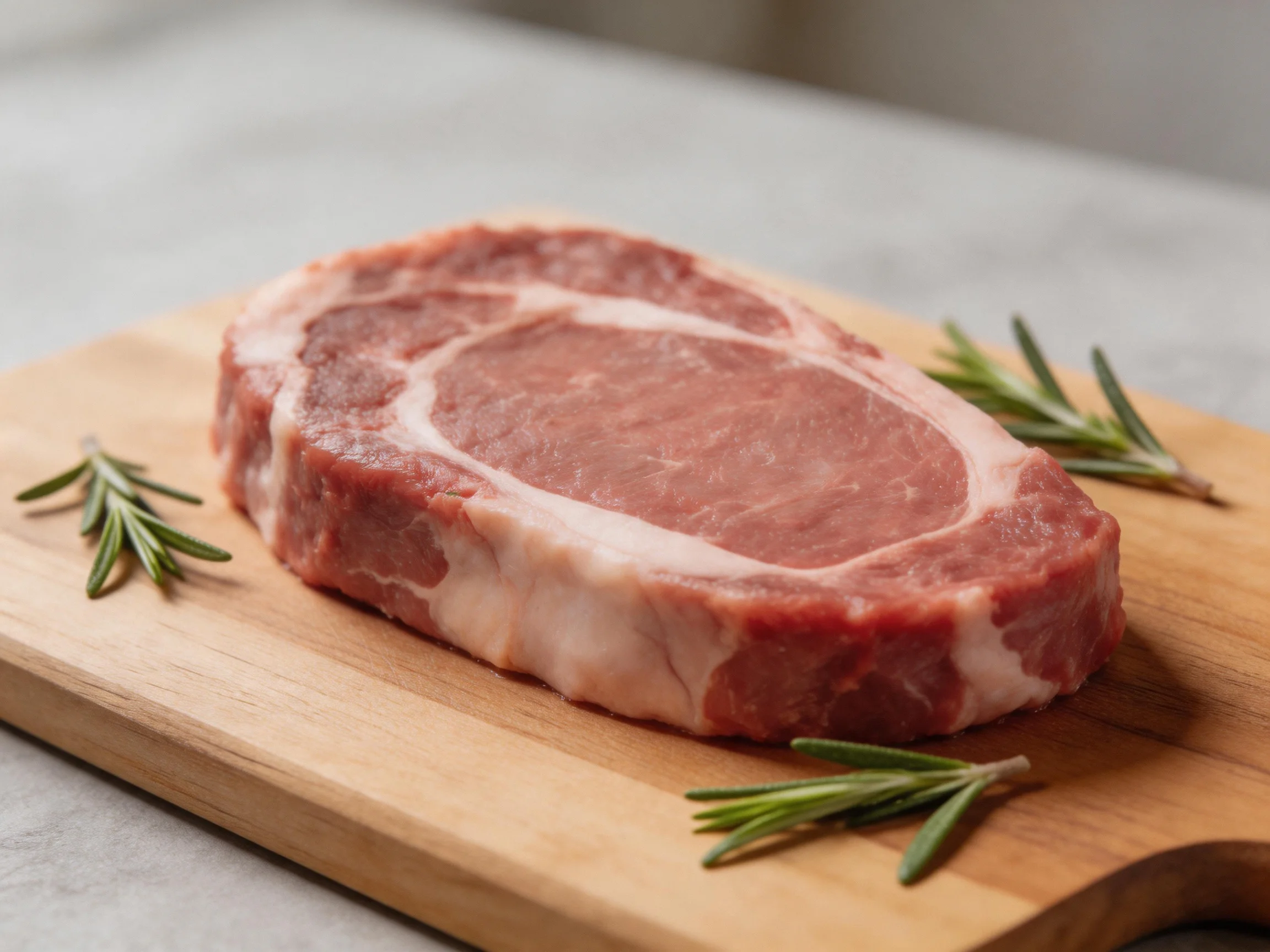 A thick raw cut of meat rests on a wooden cutting board with fresh rosemary sprigs
