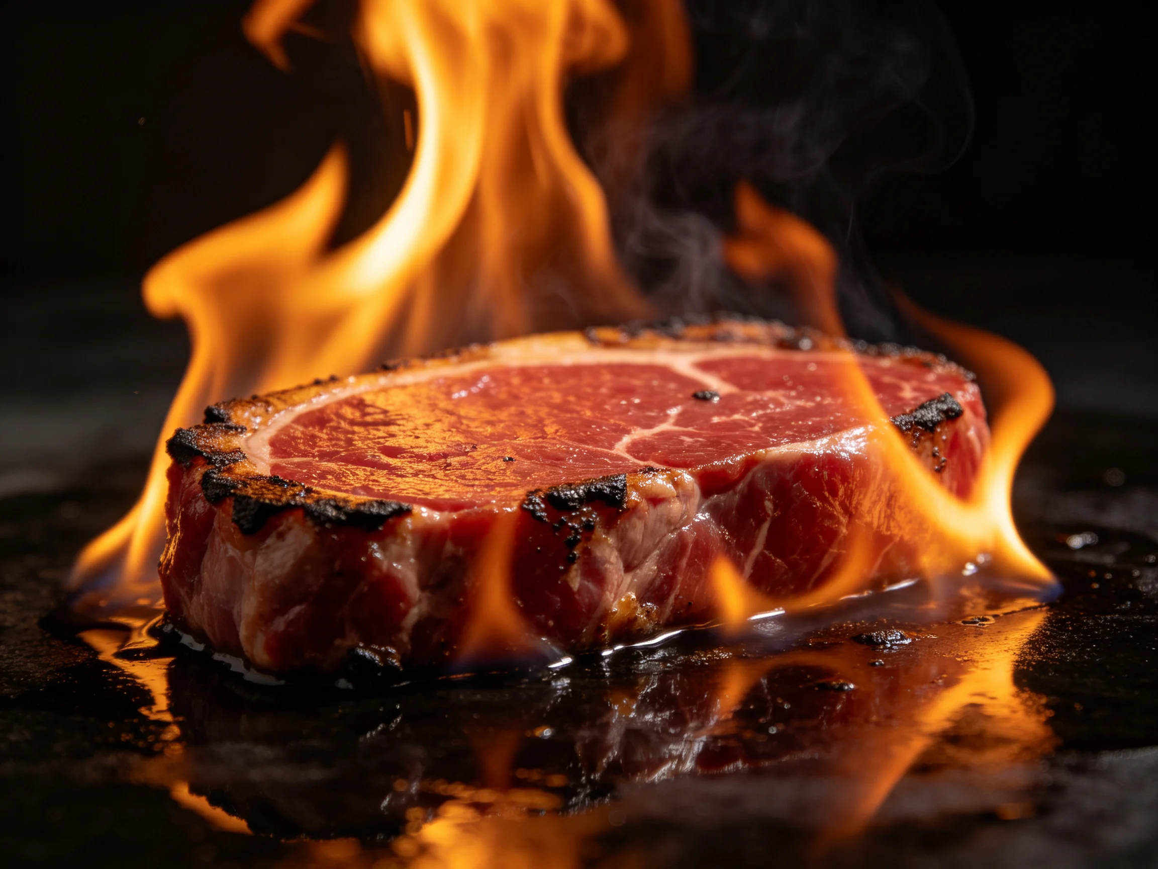 A thick red steak surrounded by bright orange flames
