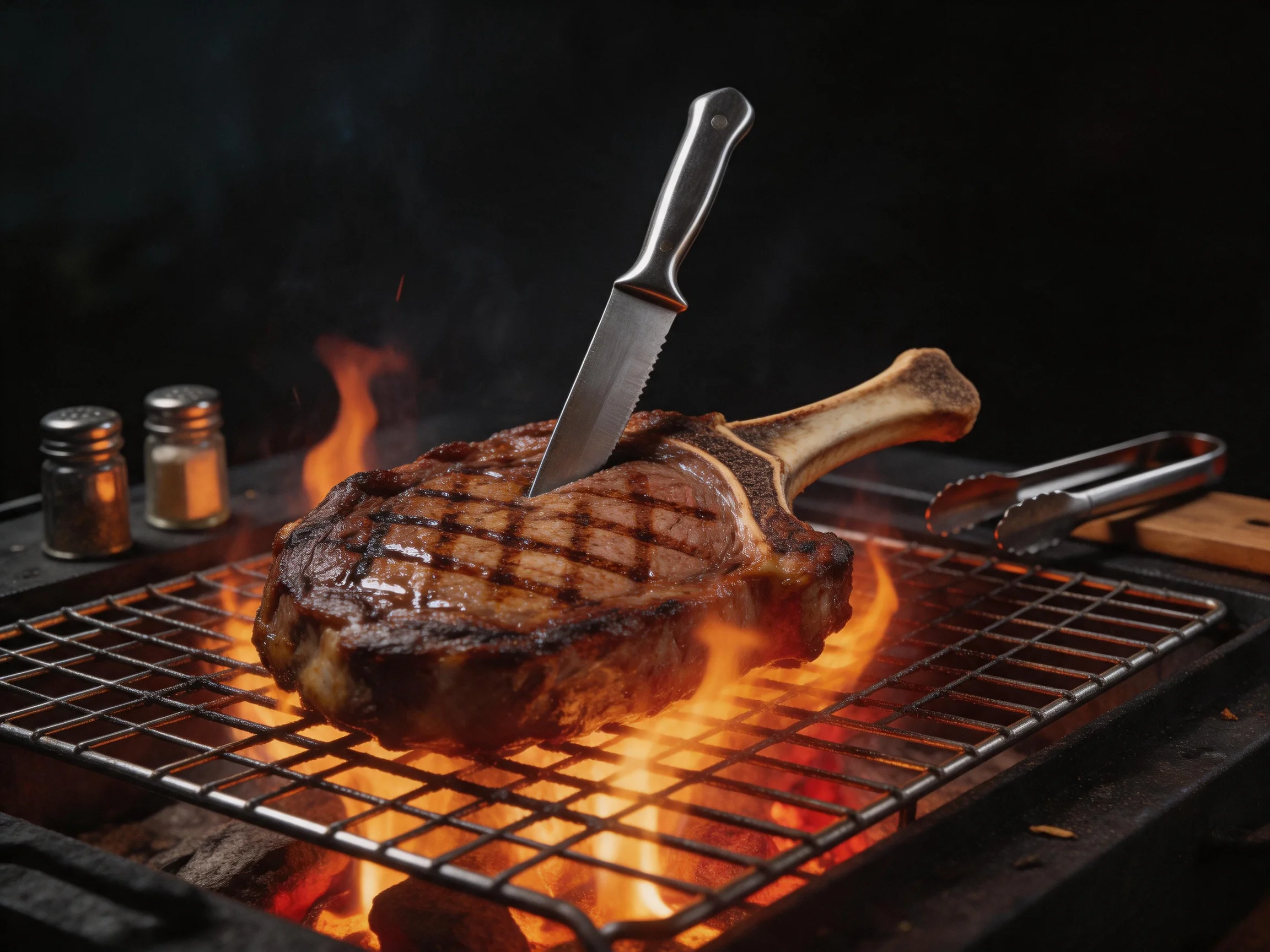 A thick ribeye steak grills over bright flames with tools and seasonings