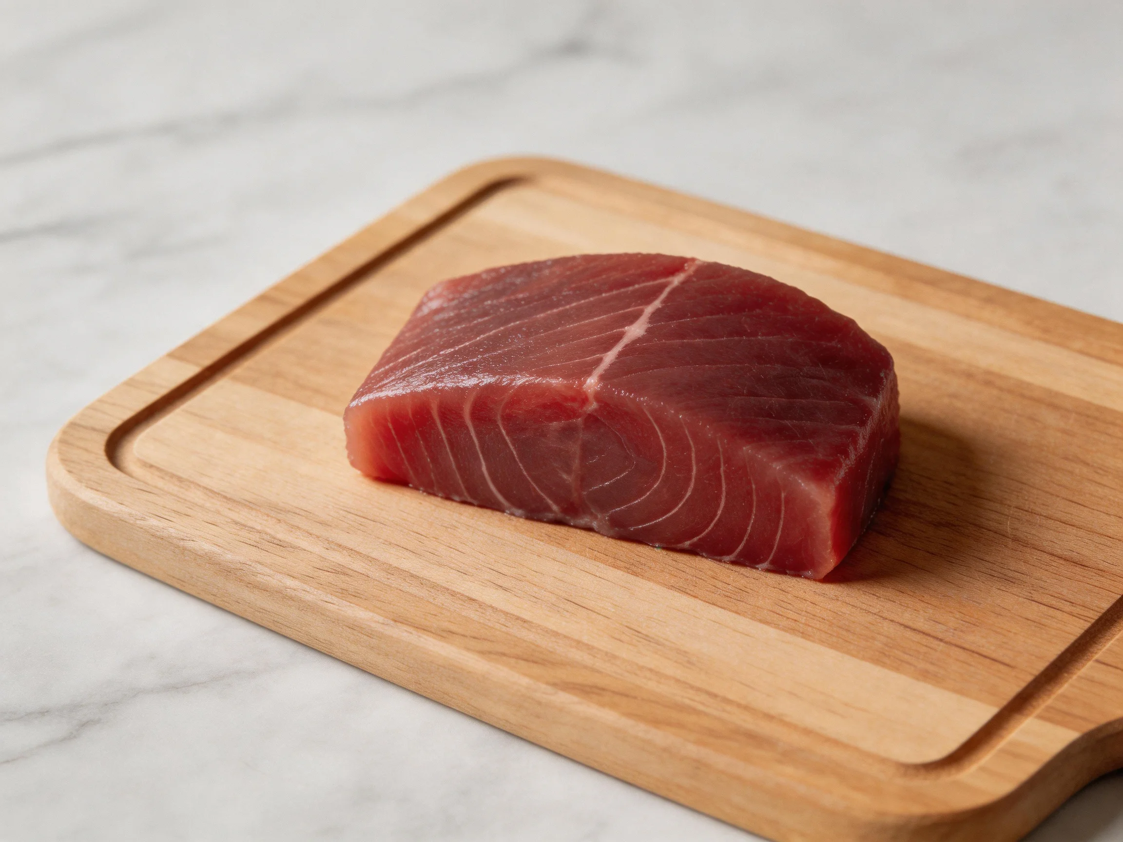 A thick slice of deep red tuna meat lies on a light brown wooden cutting board