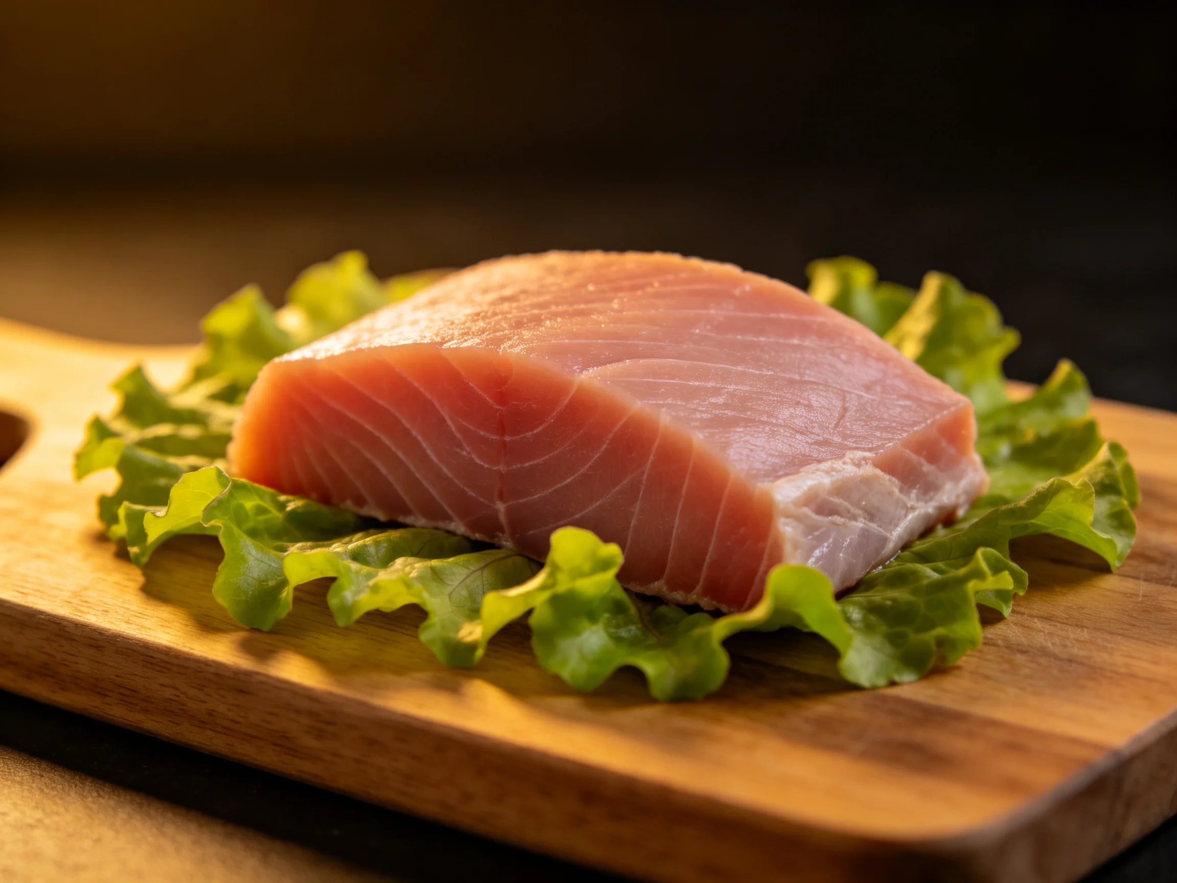 A thick slice of pink fish rests on green lettuce atop a wooden cutting board