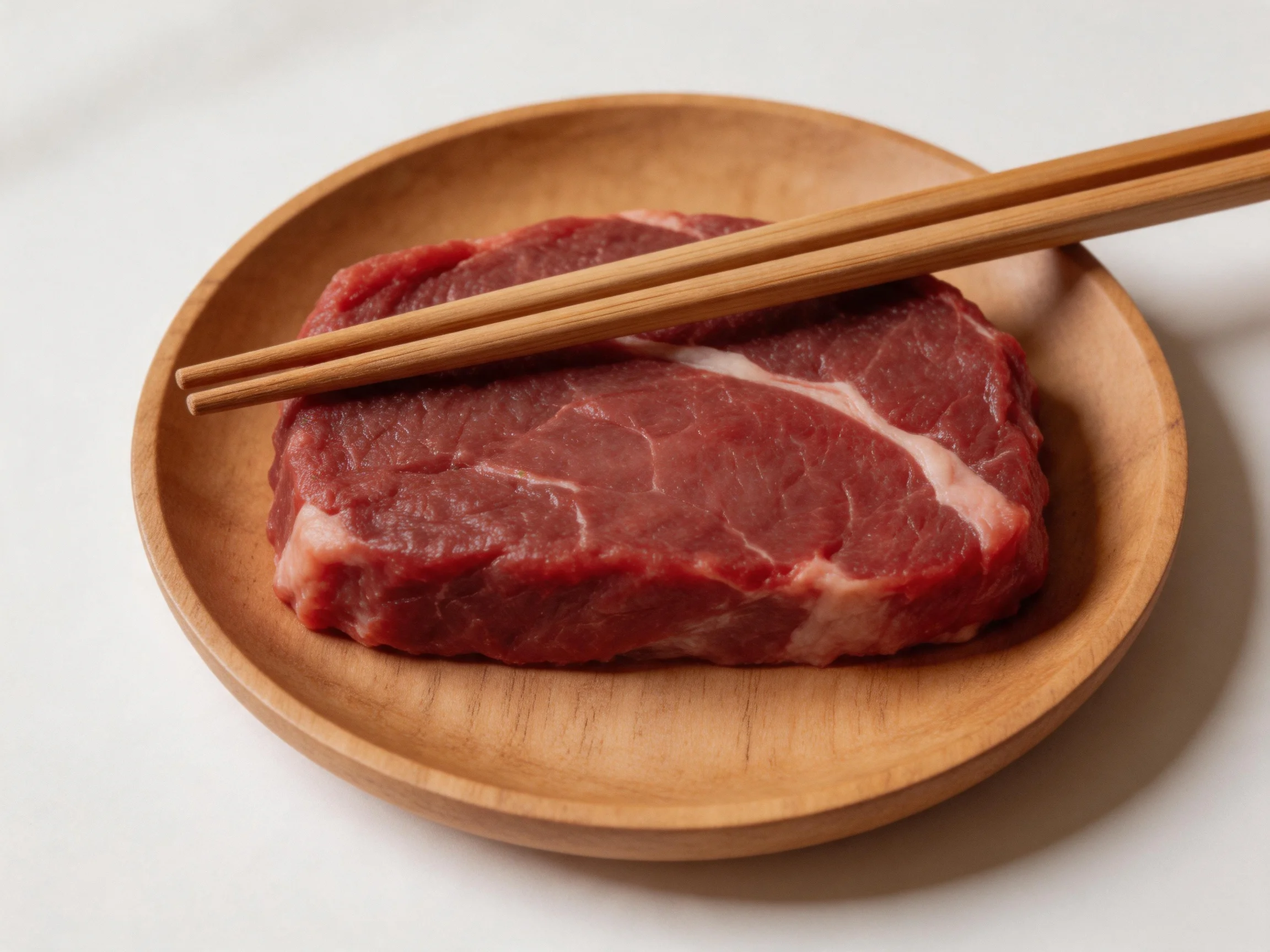 A thick slice of red raw meat on a wooden plate with chopsticks