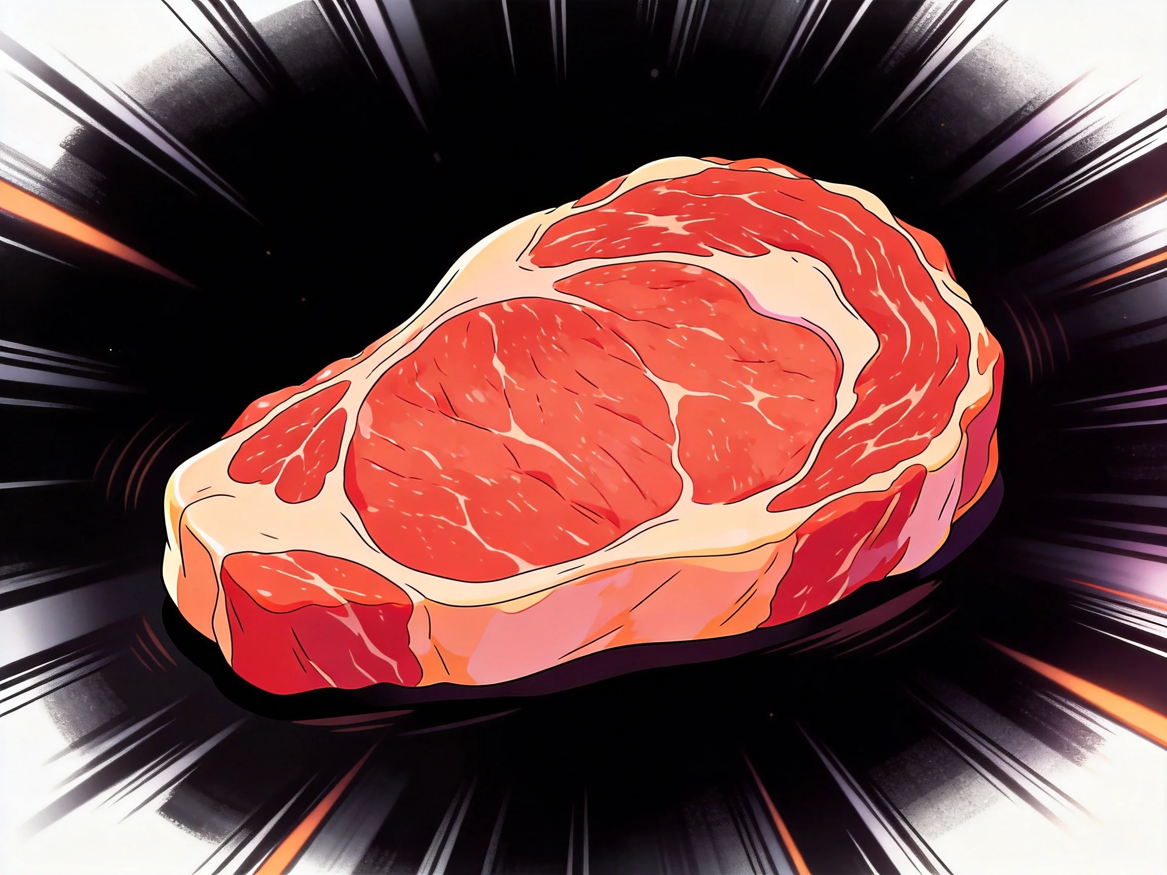 A thickly illustrated marbled red steak with dynamic lighting effects