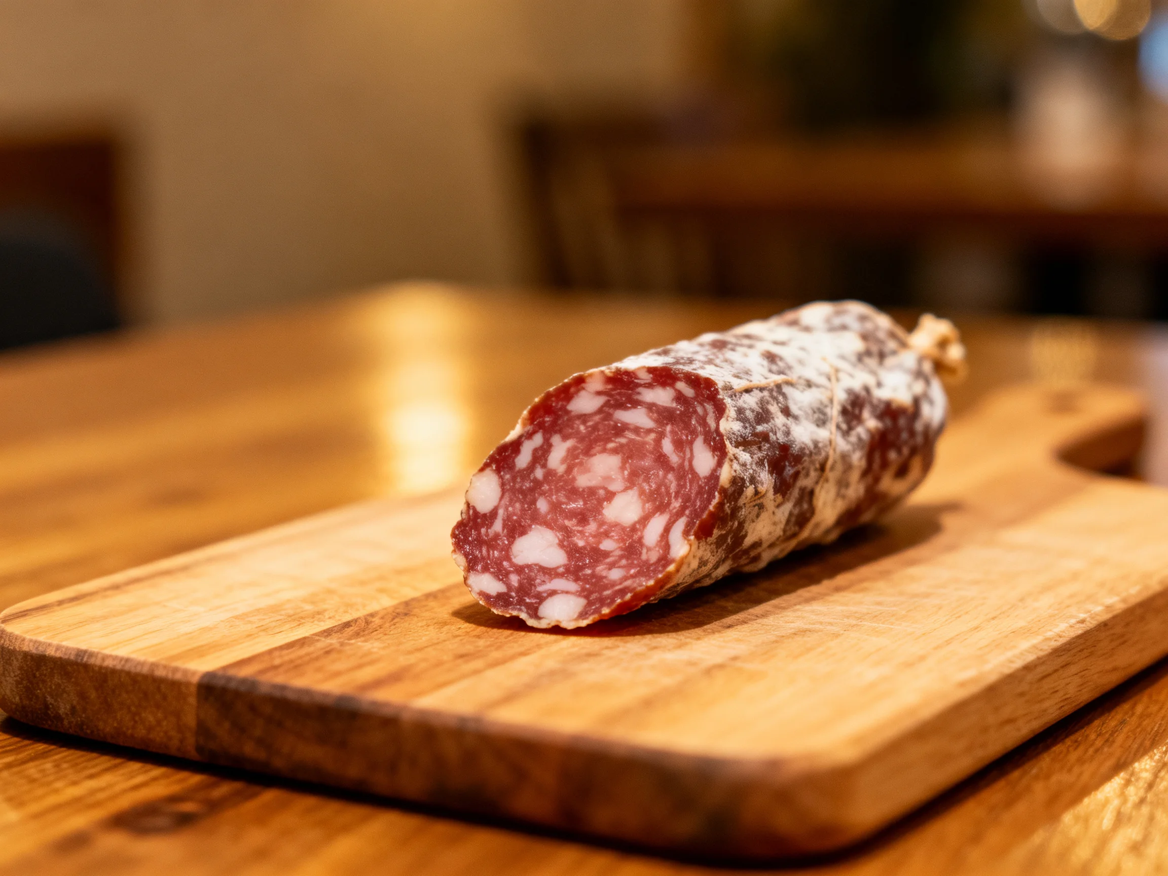 A thickly sliced salami sausage on a wooden cutting board