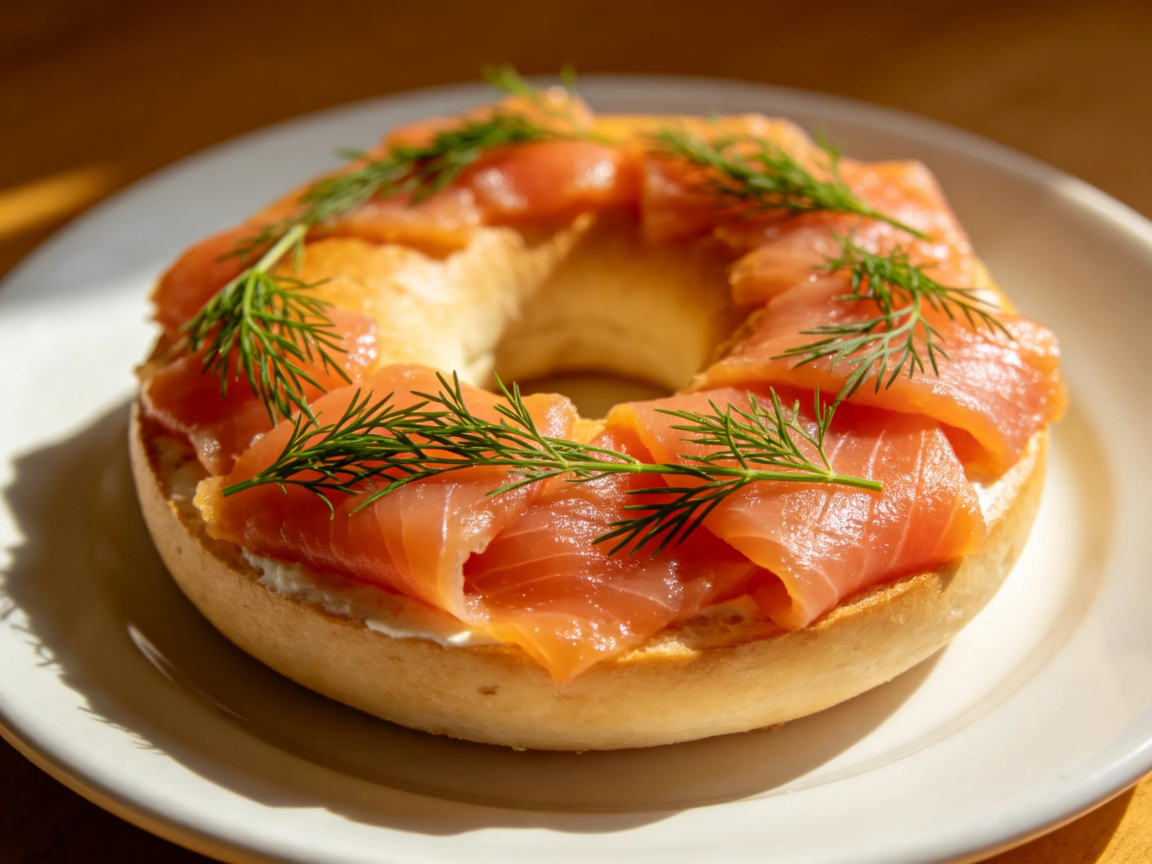 A toasted bagel topped with sliced smoked salmon and fresh dill