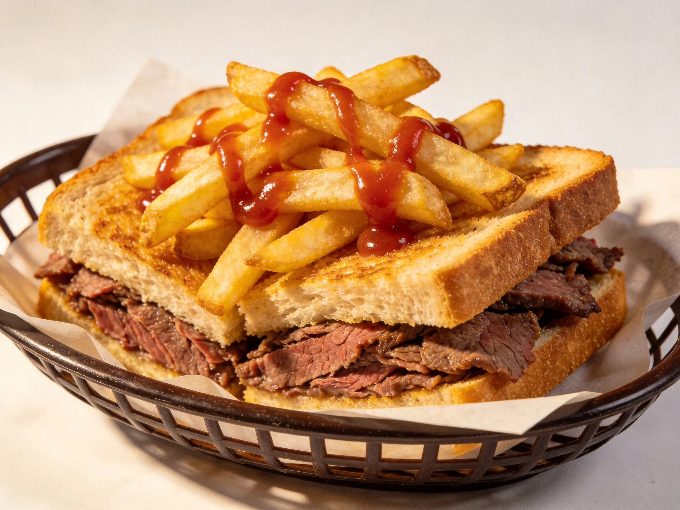 A toasted beef sandwich piled with crispy fries and ketchup