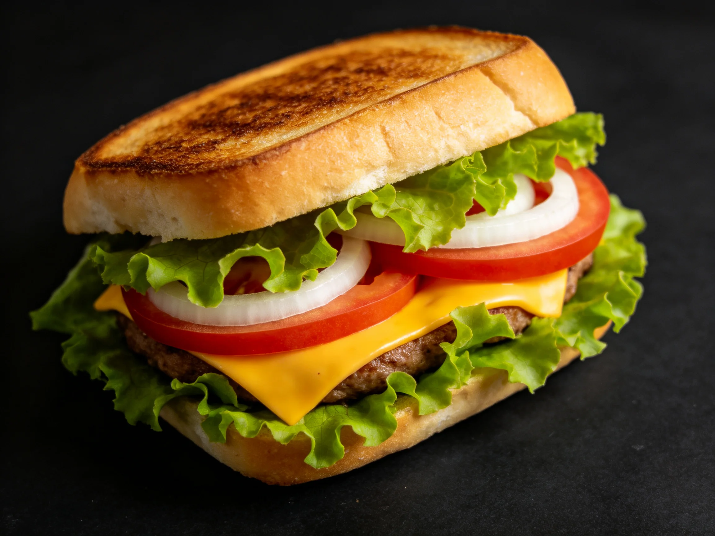 A toasted bun cheeseburger with fresh vegetables and beef patty