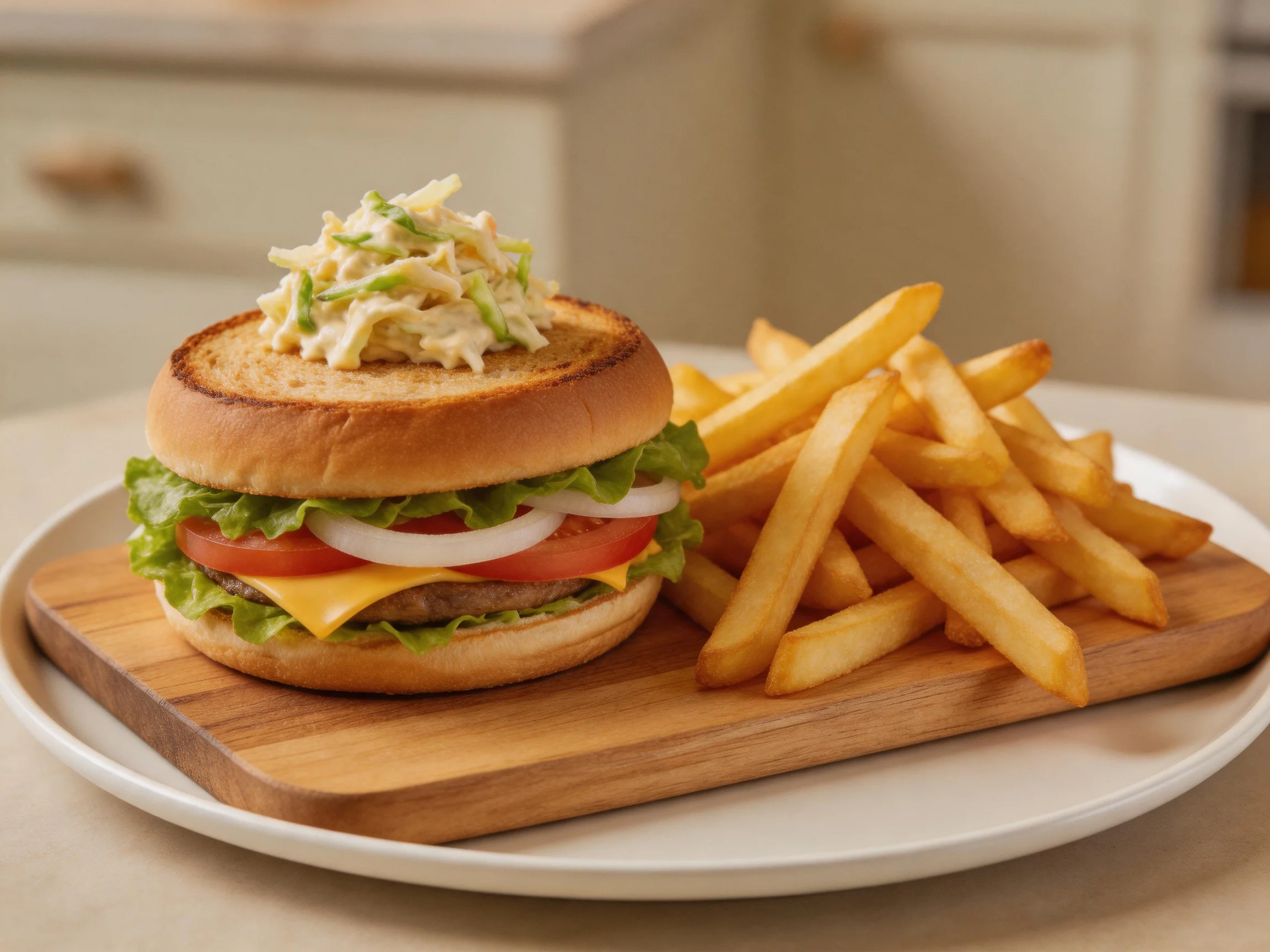 A toasted cheeseburger with coleslaw and golden French fries