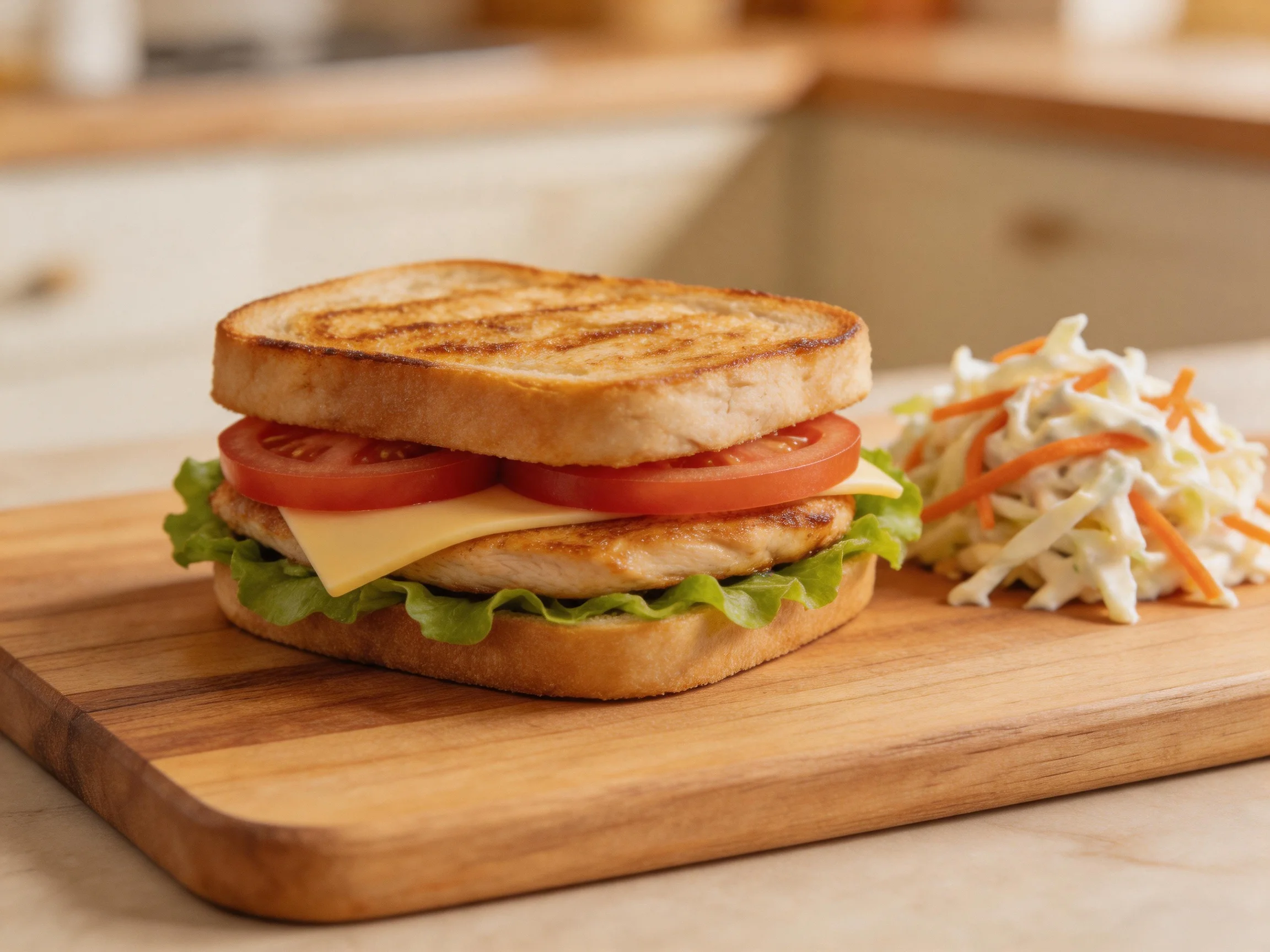 A toasted chicken sandwich with fresh veggies and coleslaw