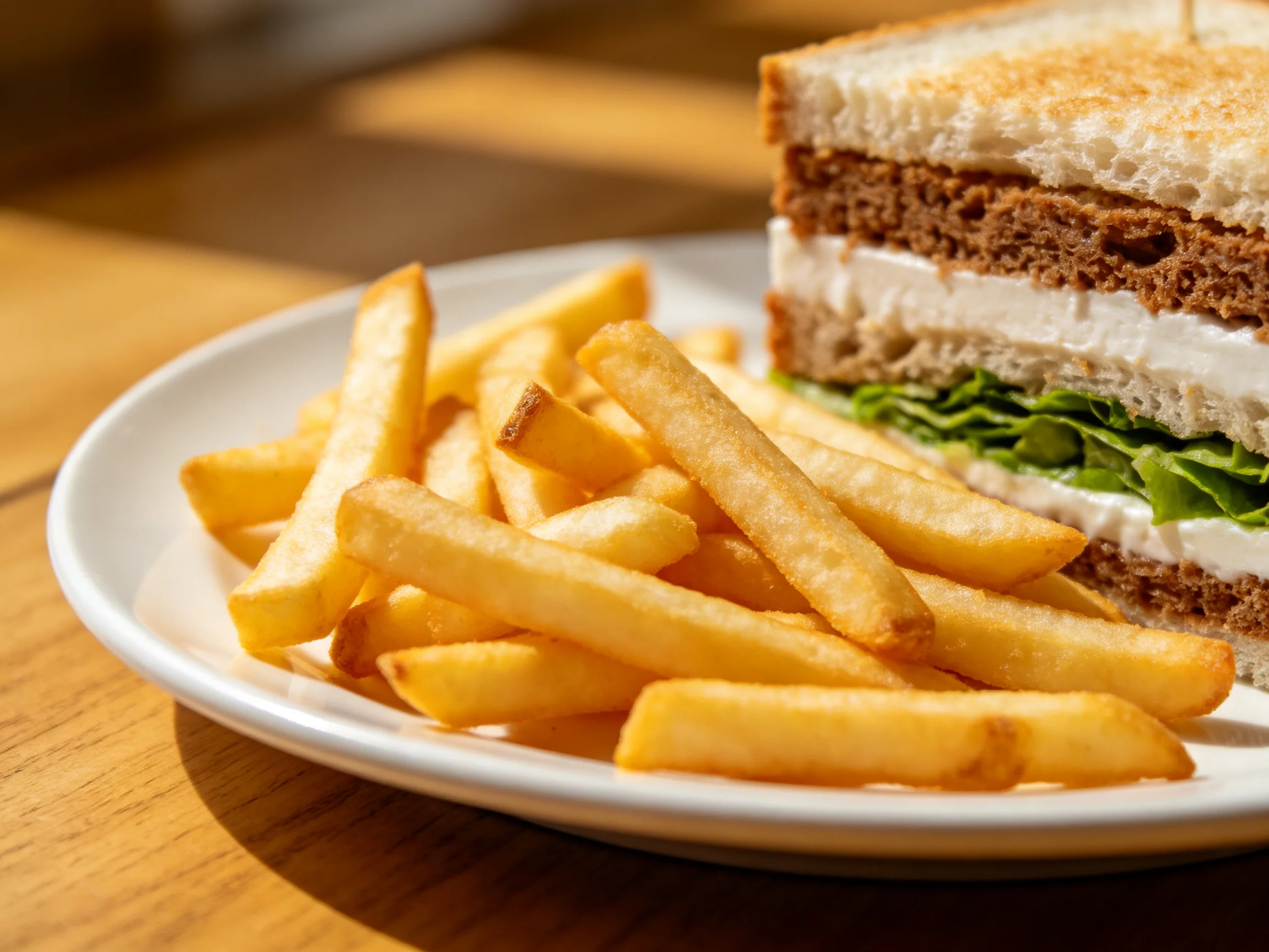 A toasted club sandwich with layered ingredients served with golden French fries