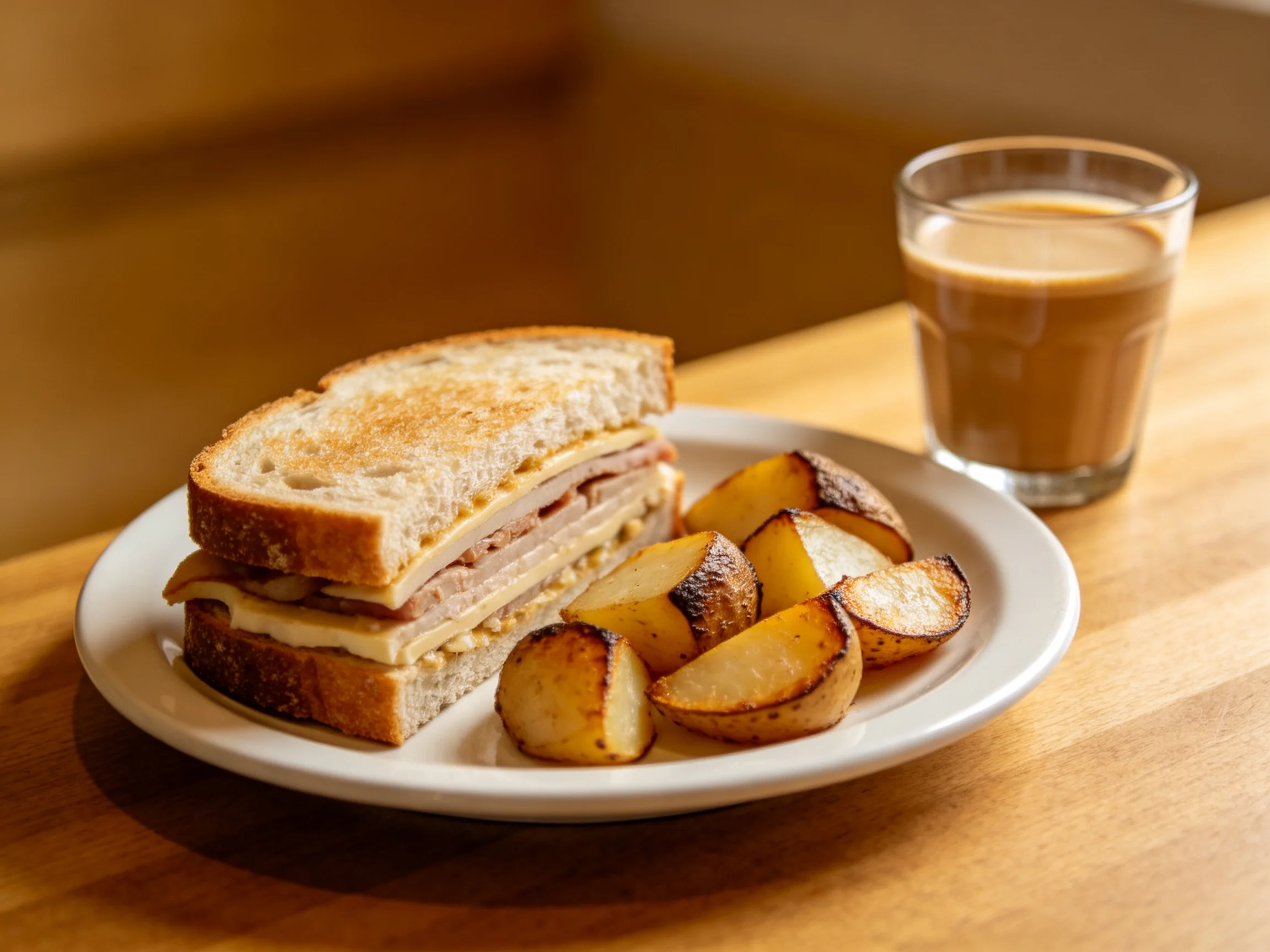 A toasted sandwich, roasted potato wedges, and coffee on a wooden table