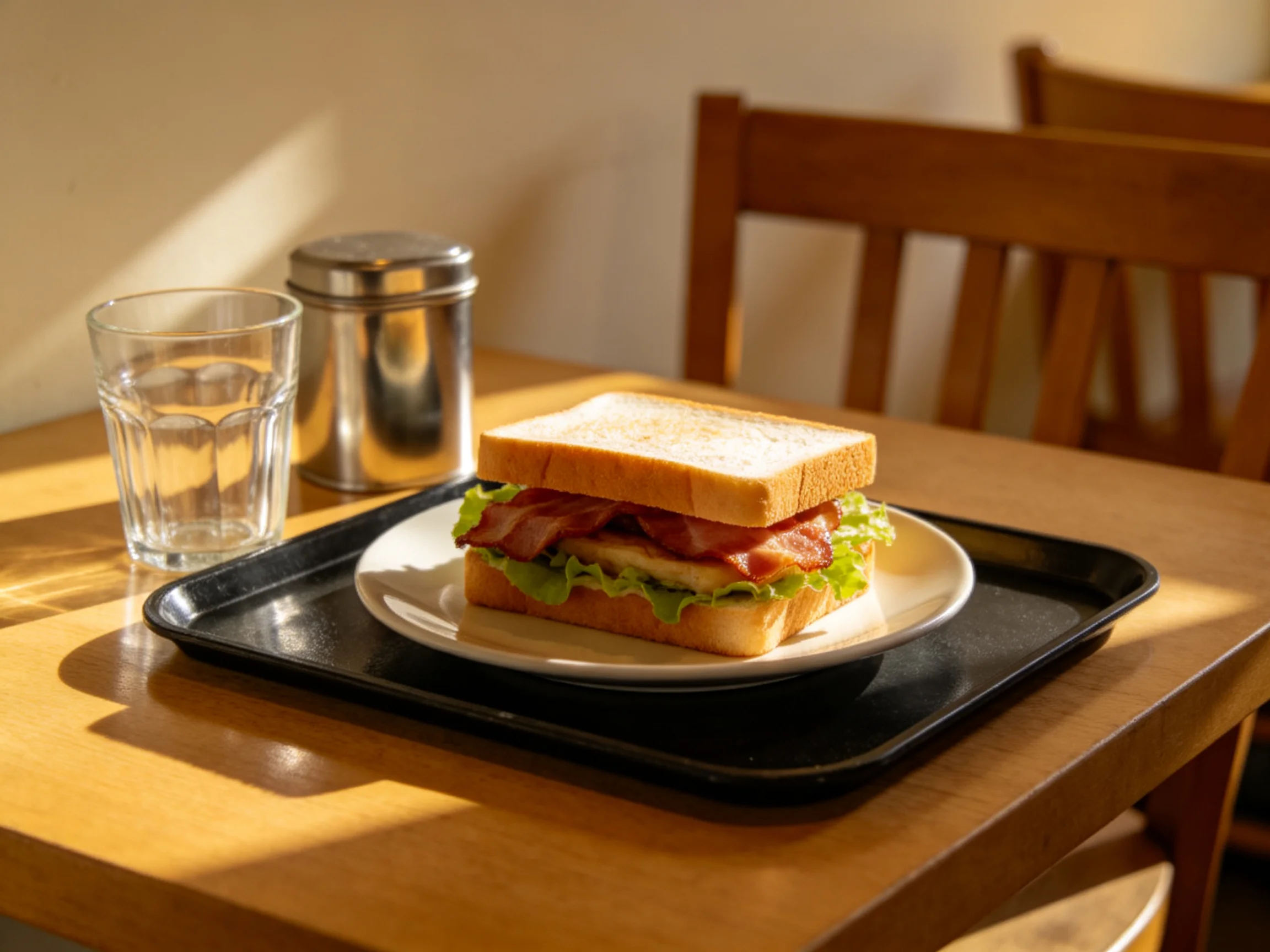 A toasted sandwich with bacon and lettuce on a black serving tray