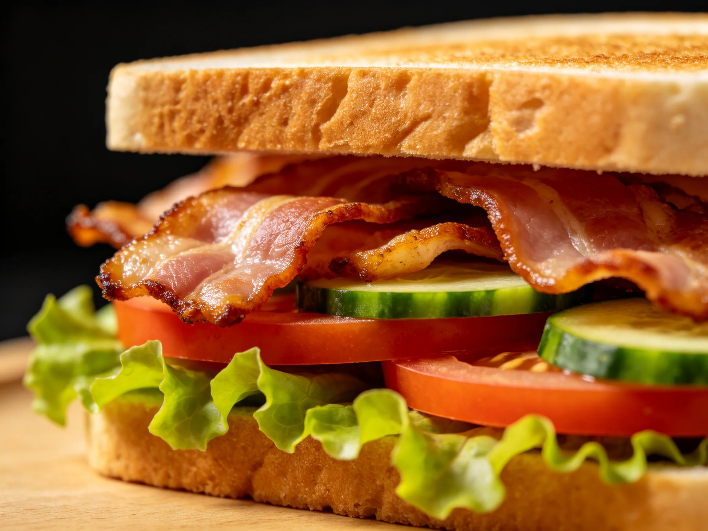 A toasted sandwich with crispy bacon, fresh veggies, and golden-brown bread