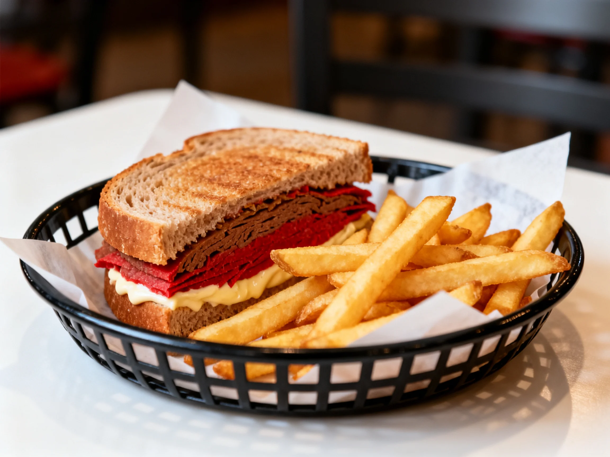 A toasted sandwich with layered red and brown meats served with crispy fries