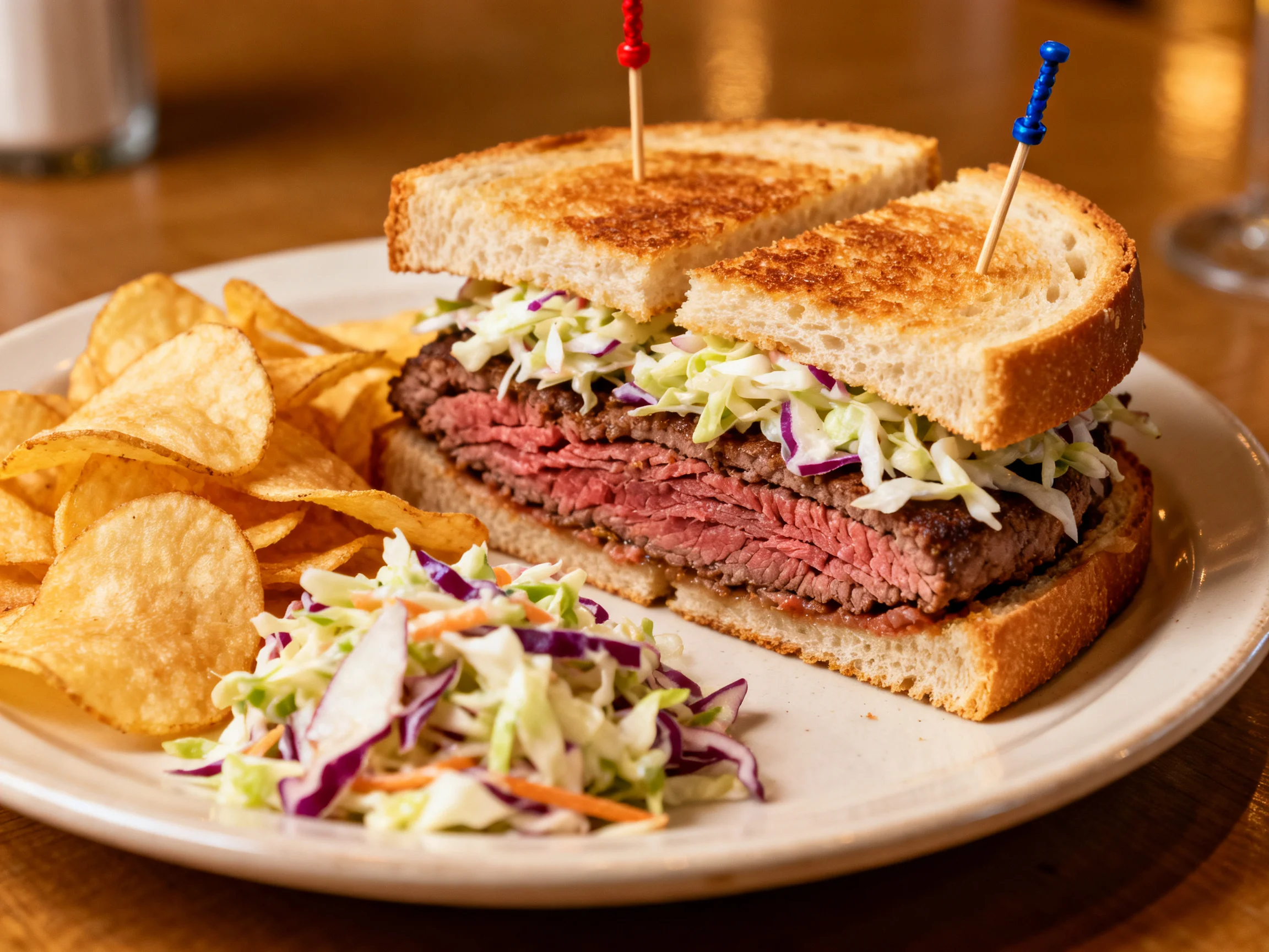 A toasted steak sandwich with coleslaw and potato chips on a plate