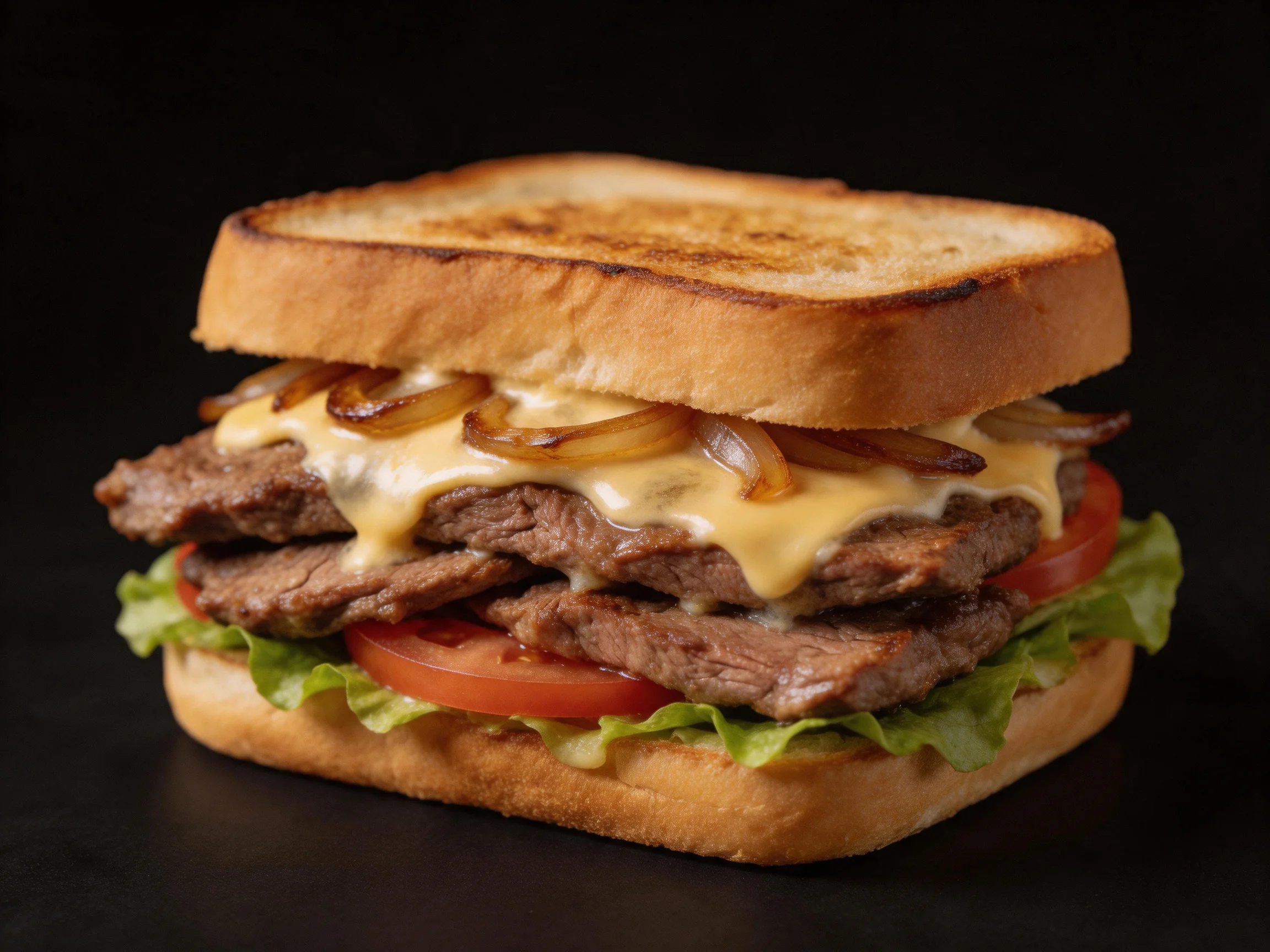 A toasted steak sandwich with melted cheese, caramelized onions, and fresh veggies