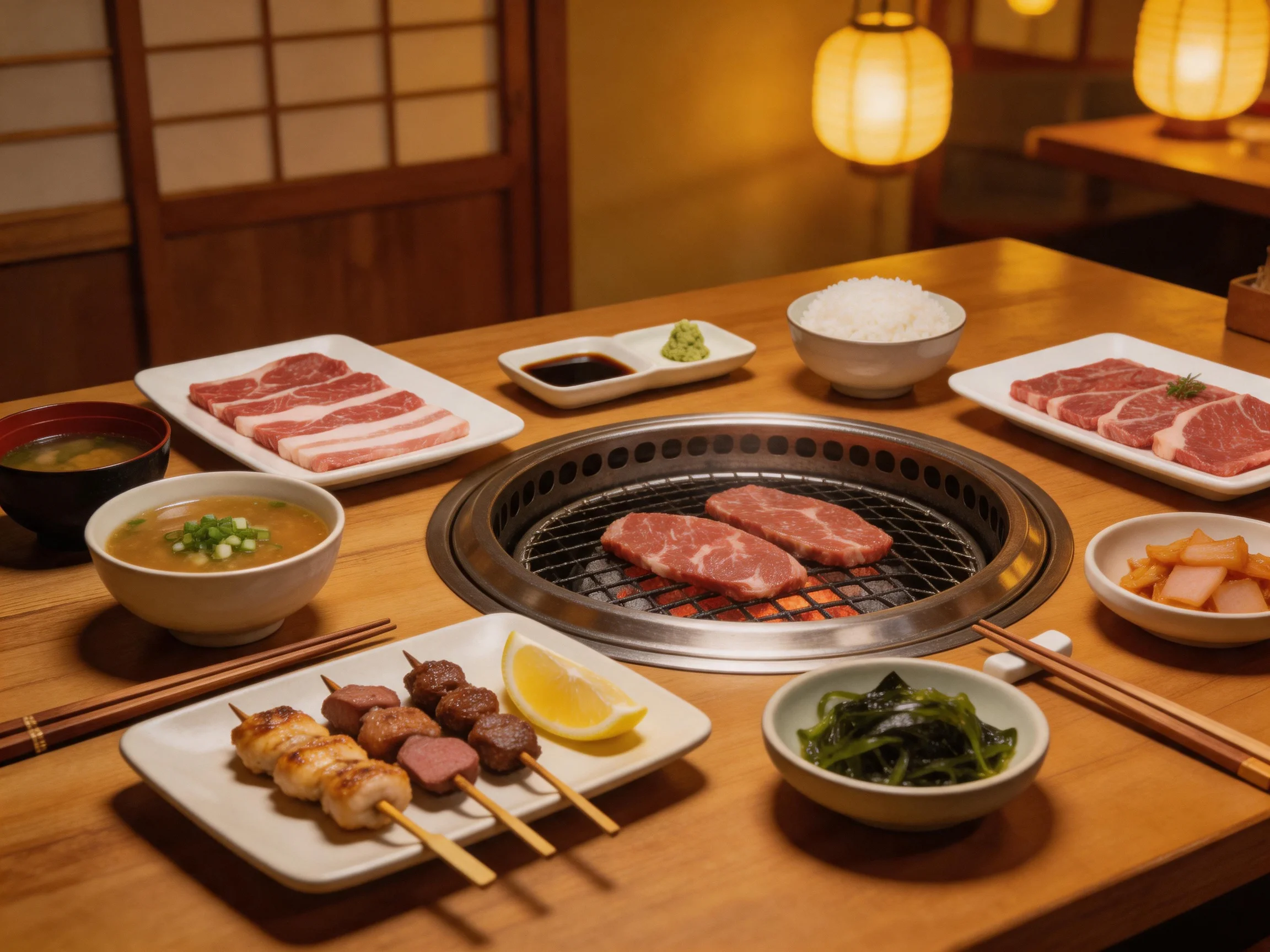 A traditional Japanese yakiniku setup with grilled meats and side dishes
