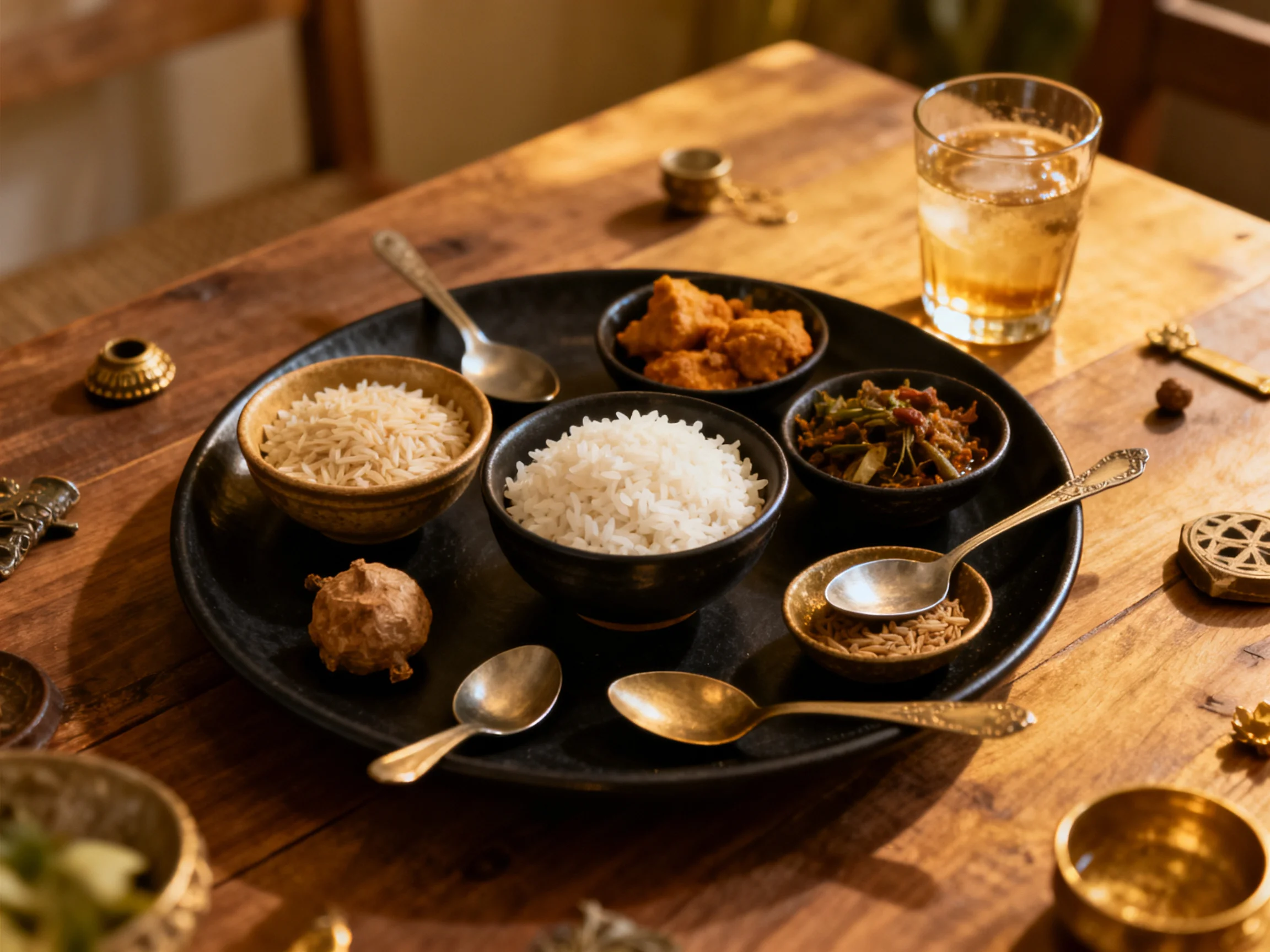 A traditional meal arranged on a black platter with assorted dishes