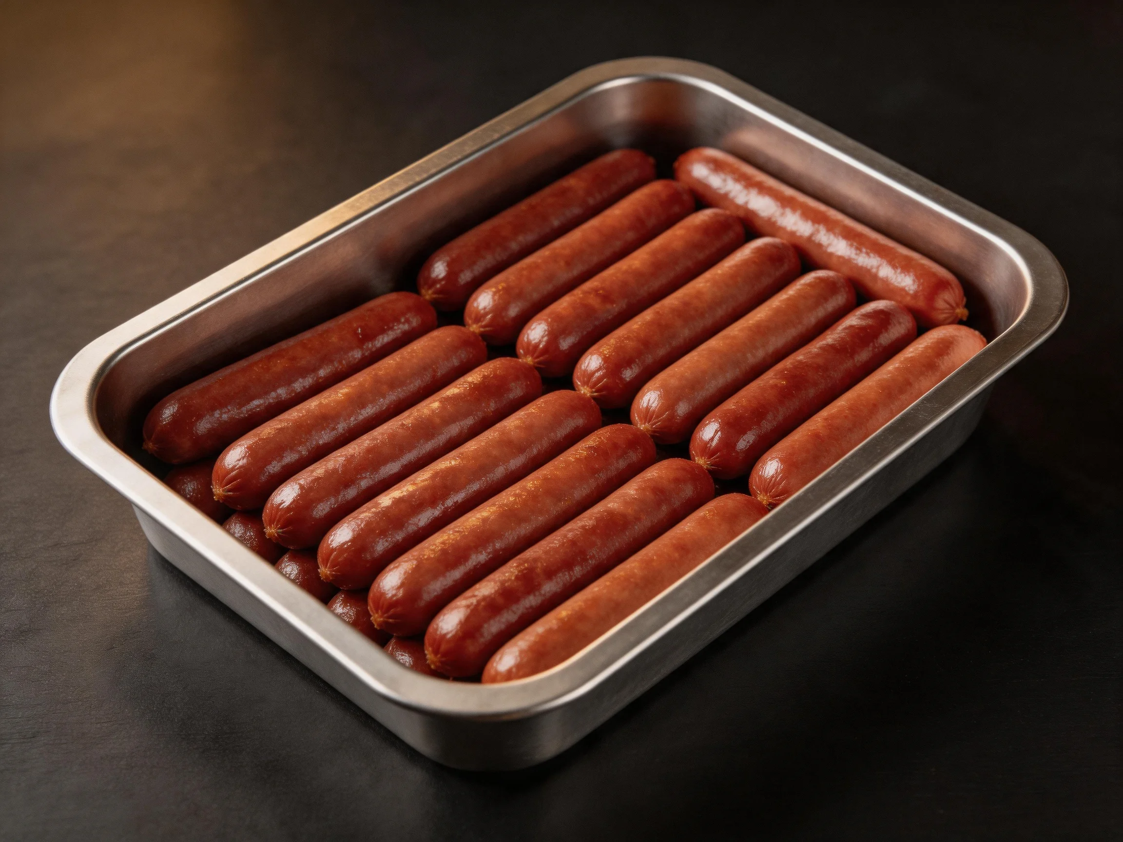A tray of glossy brown sausage links in a stainless steel container