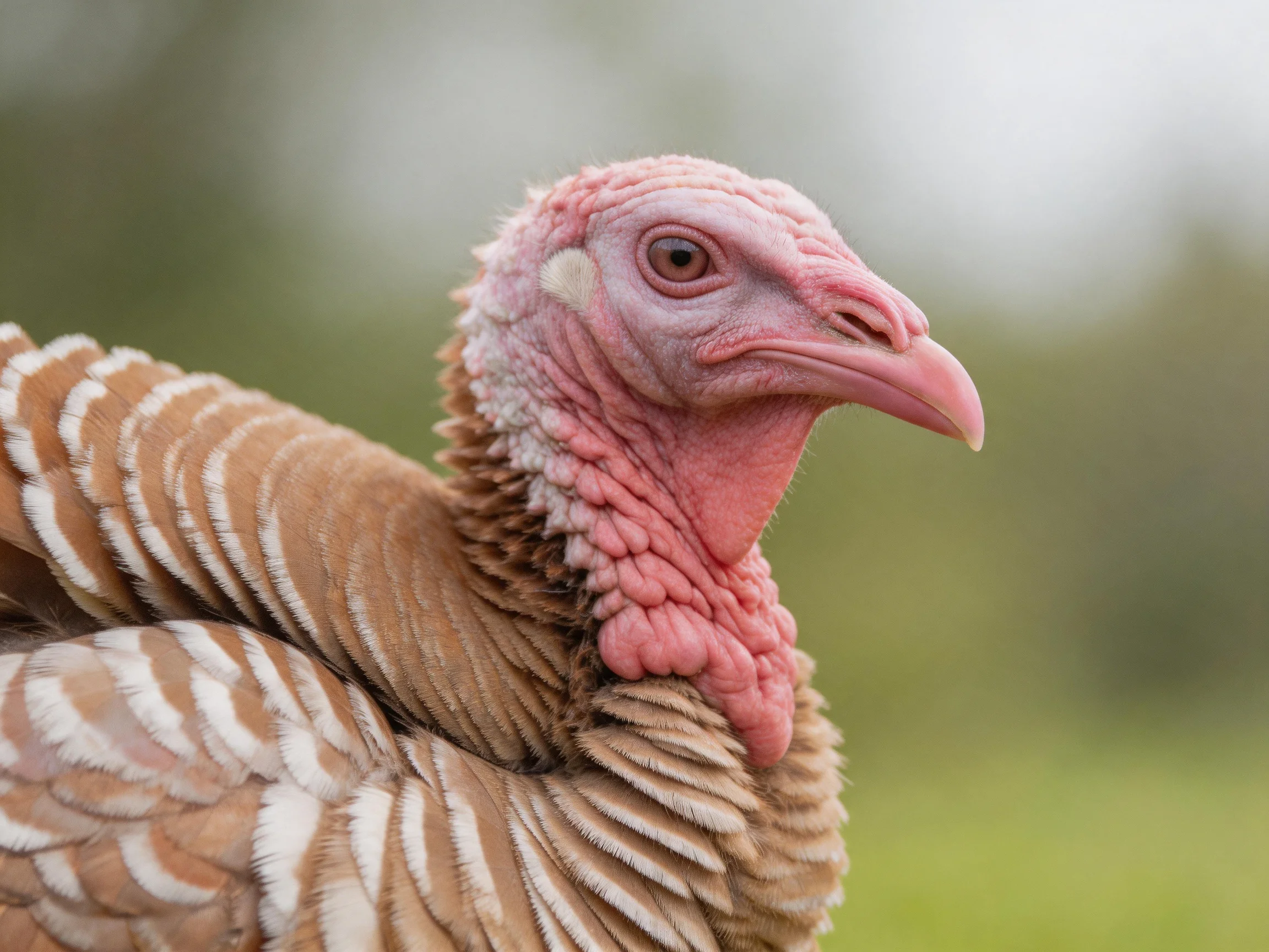 A turkey with pink head and brown striped feathers in natural setting