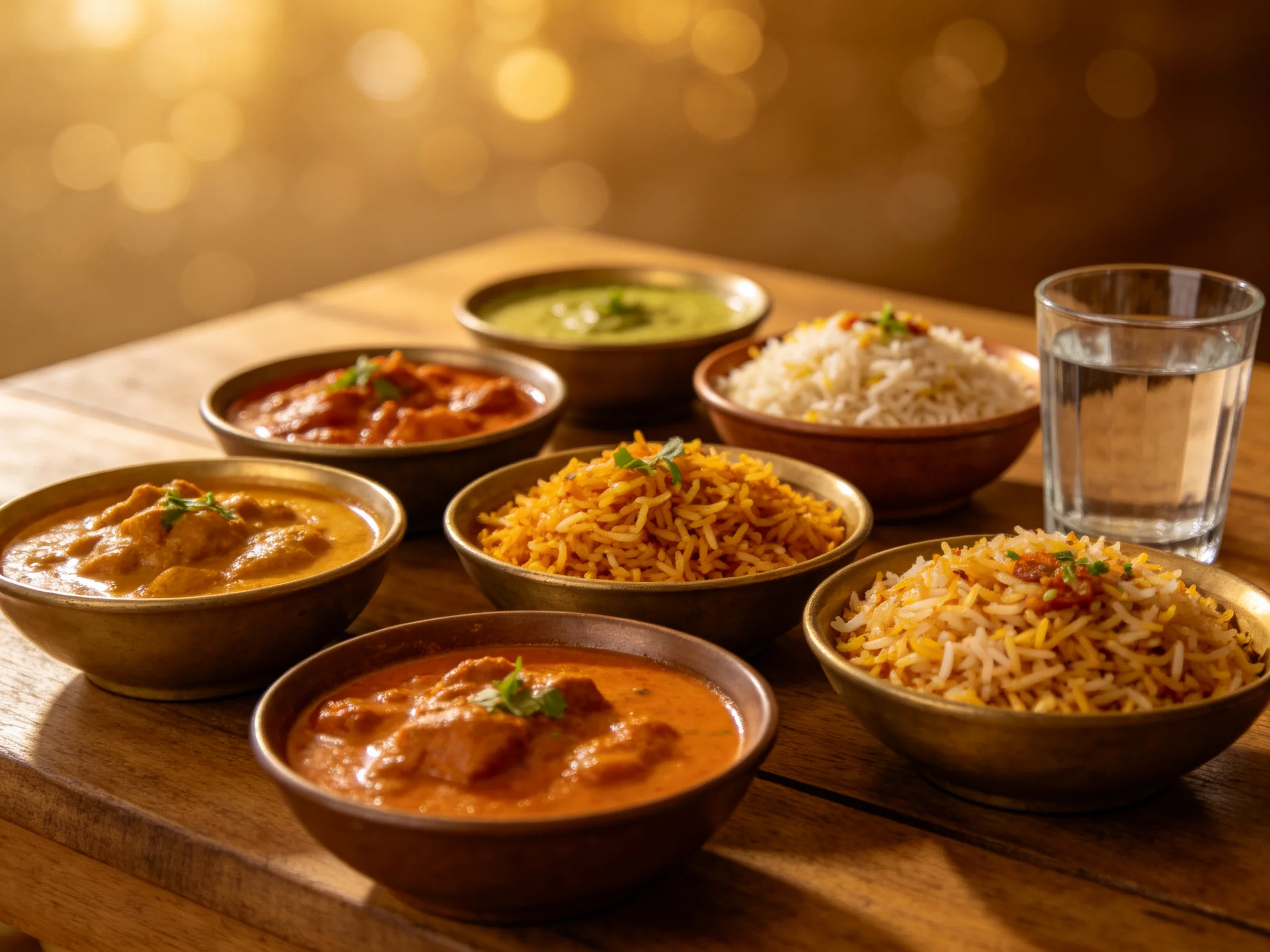 A variety of colorful Indian dishes served in metal bowls on a wooden surface