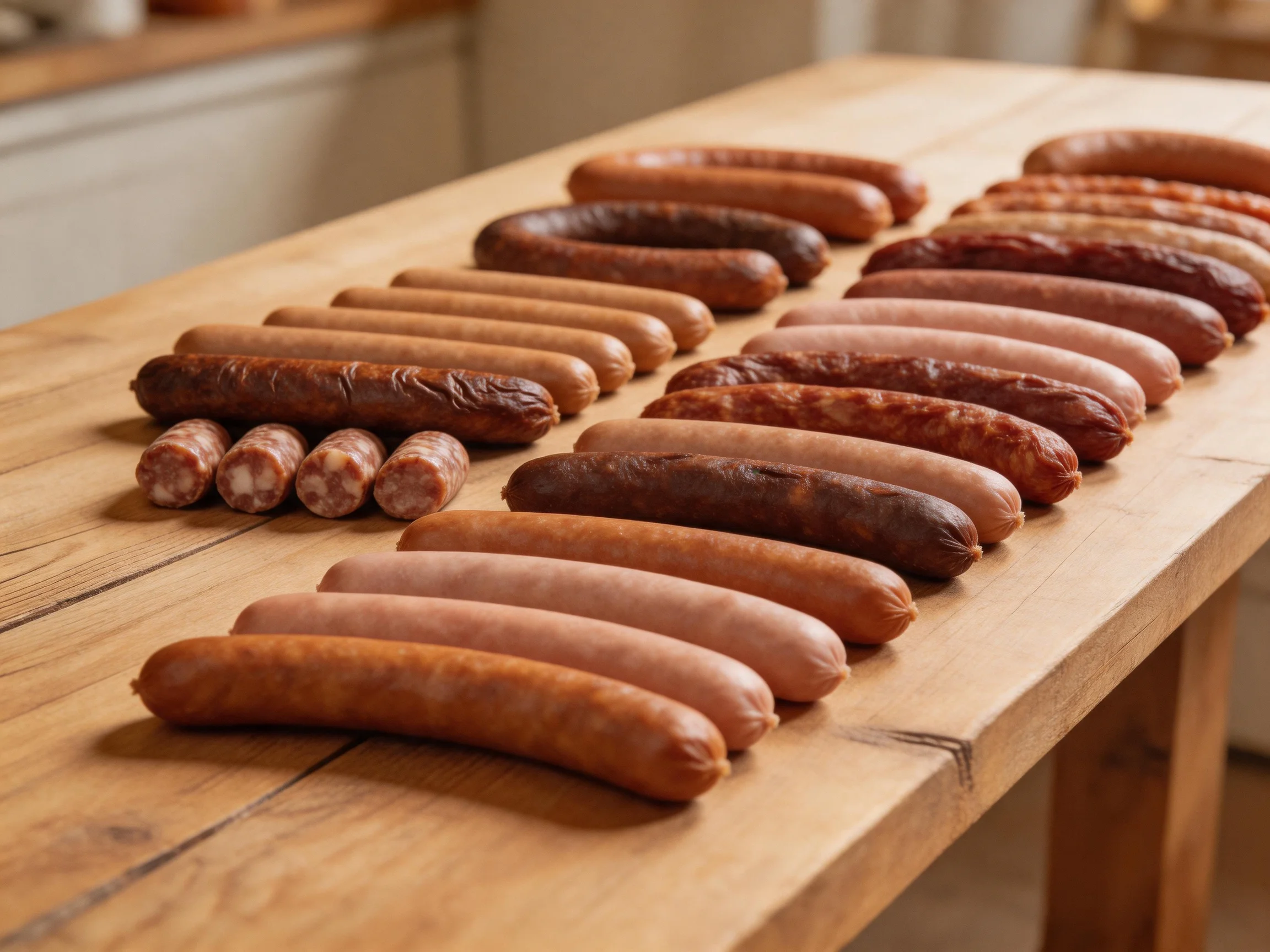 A variety of colorful sausages neatly arranged on a rustic wooden table