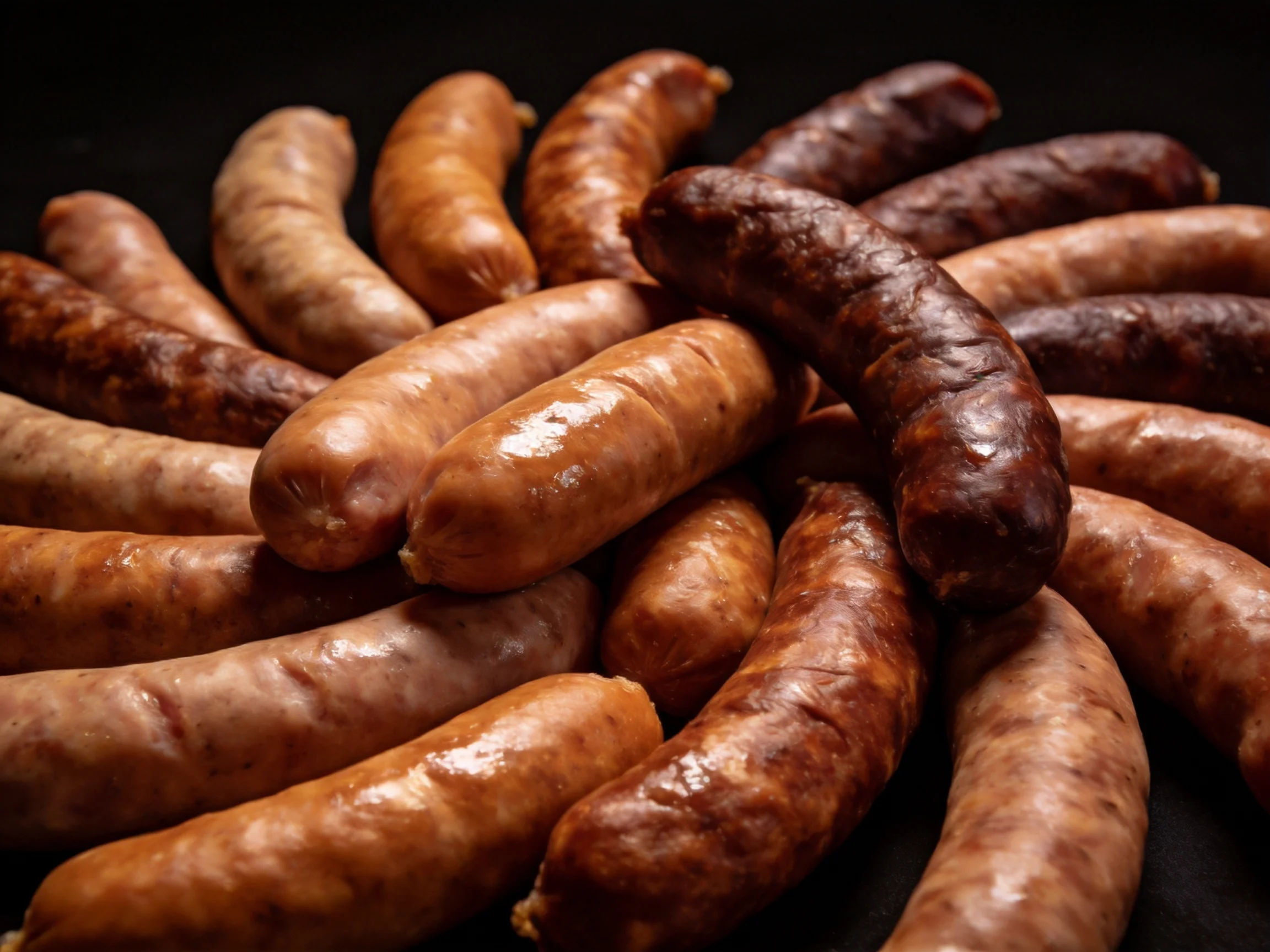A variety of sausages in different brown shades clustered together