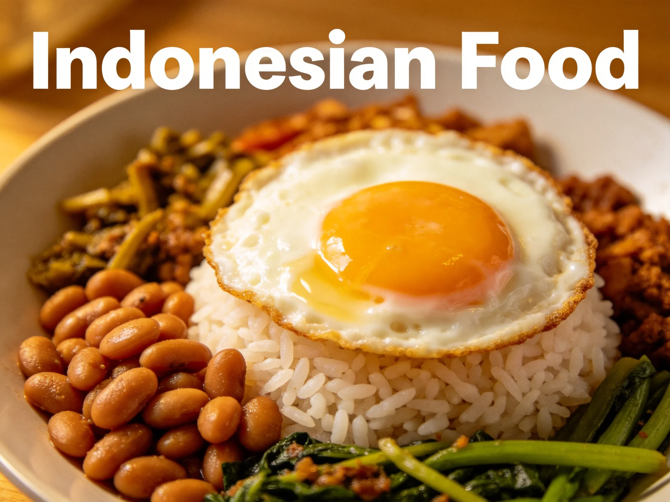 A vibrant Indonesian meal with rice, fried egg, and assorted sides