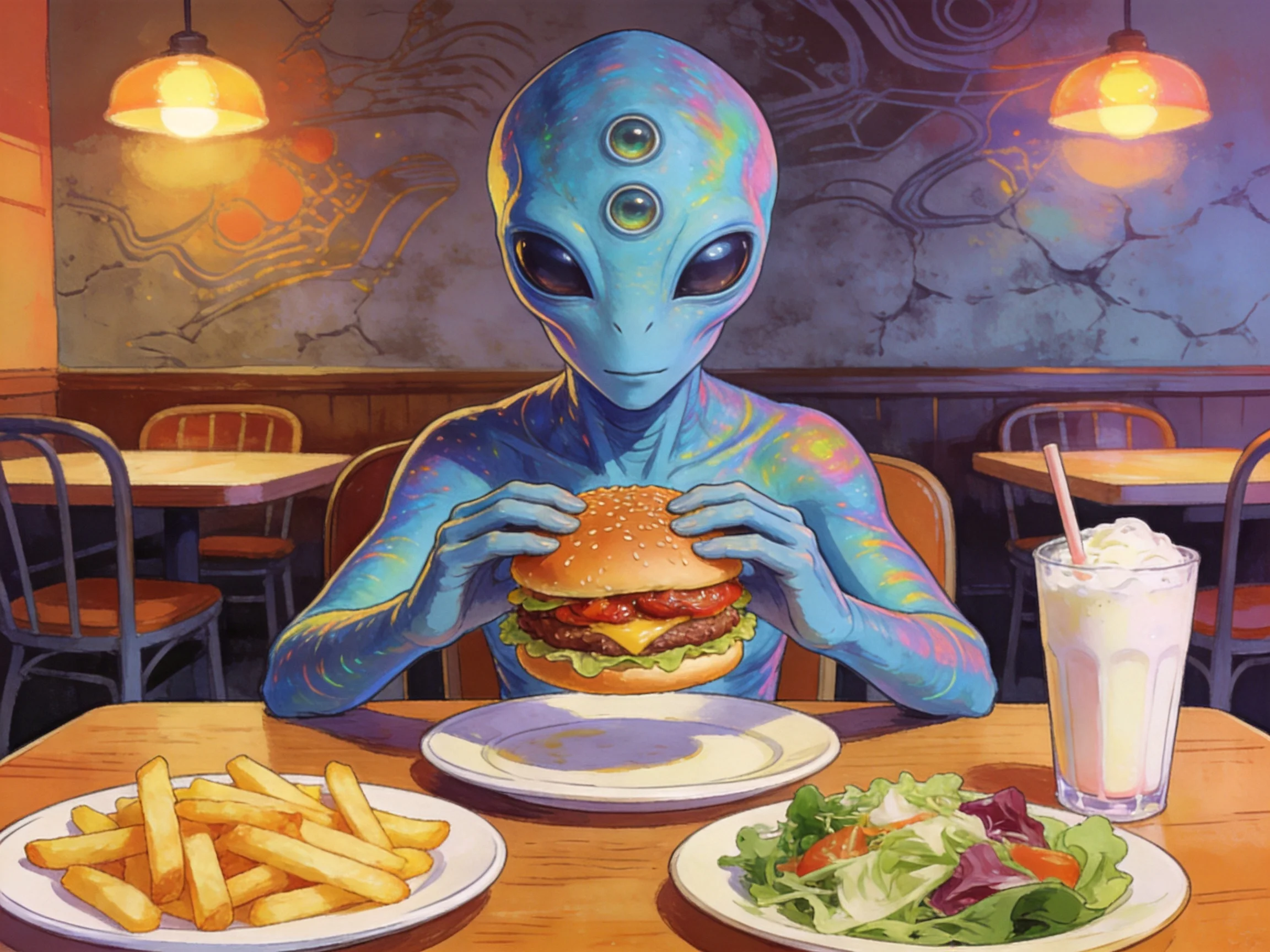 A vibrant alien enjoys a meal of burger, fries, and salad in a cozy diner