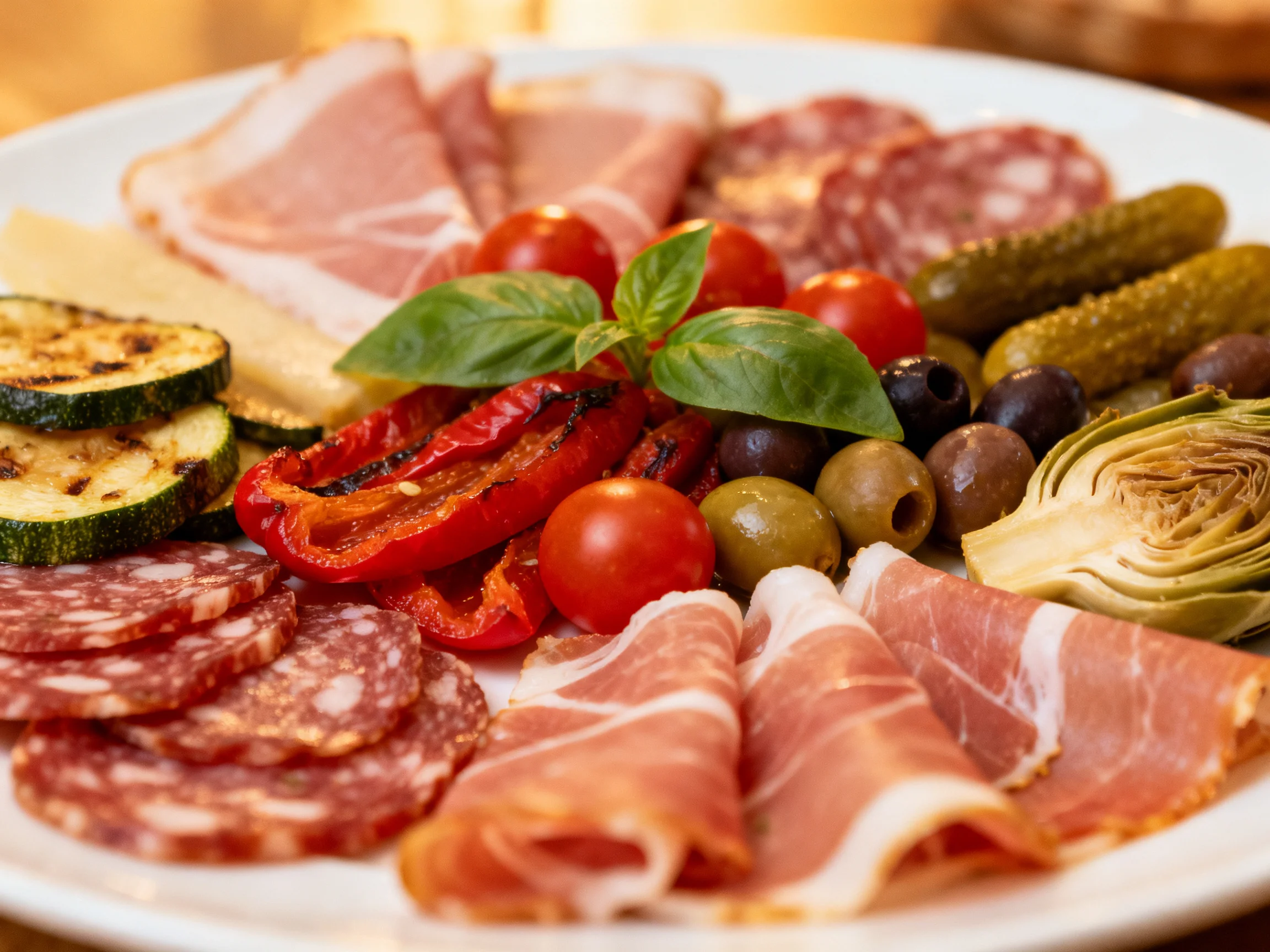 A vibrant antipasto platter with cured meats, roasted veggies, and fresh basil